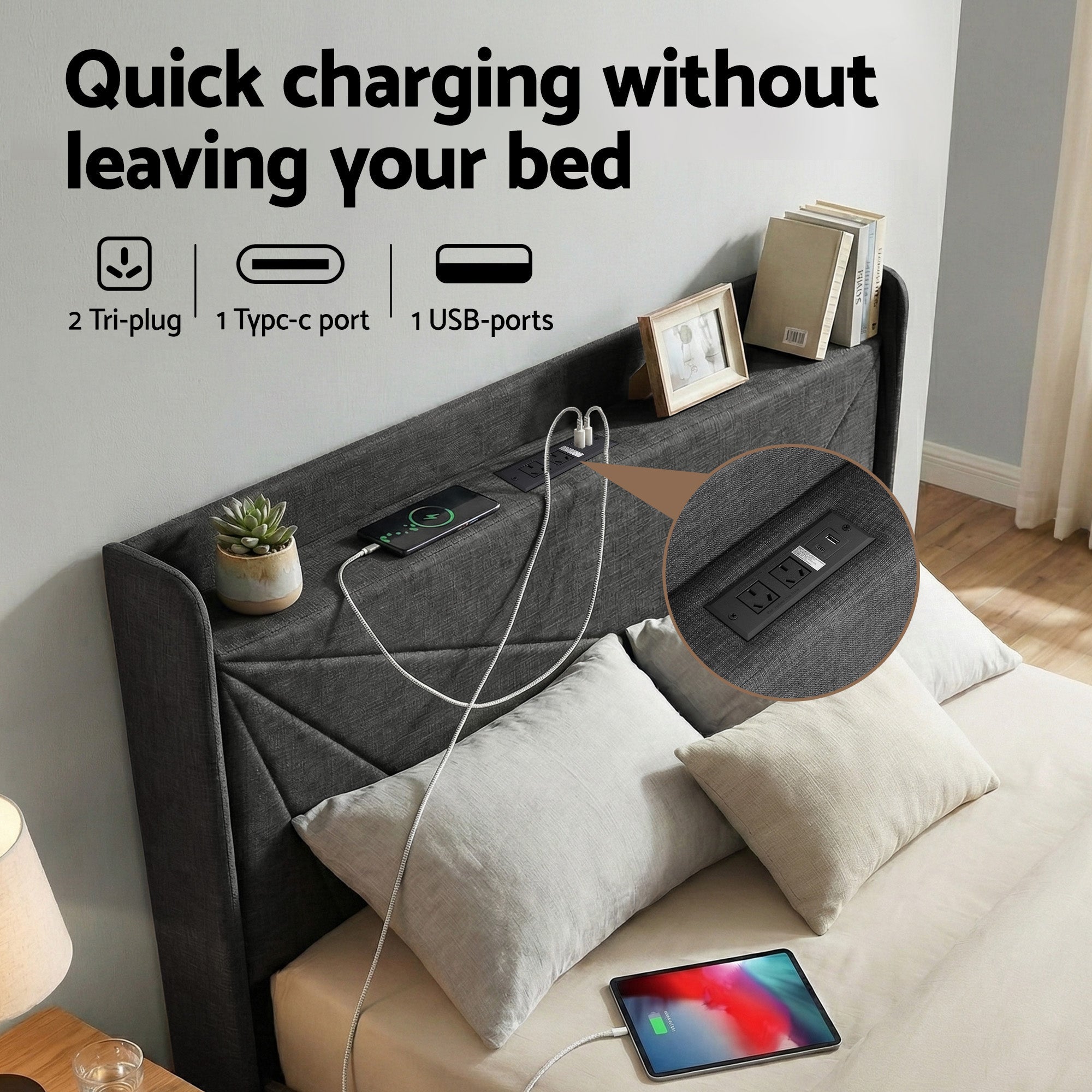Queen Bed Frame Gas Lift Storage Bed with Charging Ports Upholstered Geometric Headboard Charcoal Grey - Furniture > Bedroom > Beds & Bed Frames - Rivercity House & Home Co. (ABN 18 642 972 209) - Affordable Modern Furniture Australia
