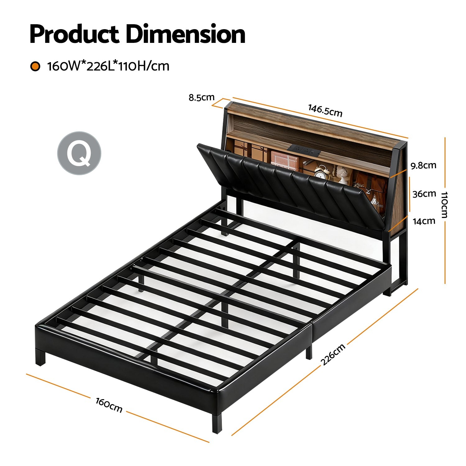 Queen Bed Frame LED Storage Headboard with Charging Station Black - Furniture > Bedroom > Beds & Bed Frames - Rivercity House & Home Co. (ABN 18 642 972 209) - Affordable Modern Furniture Australia