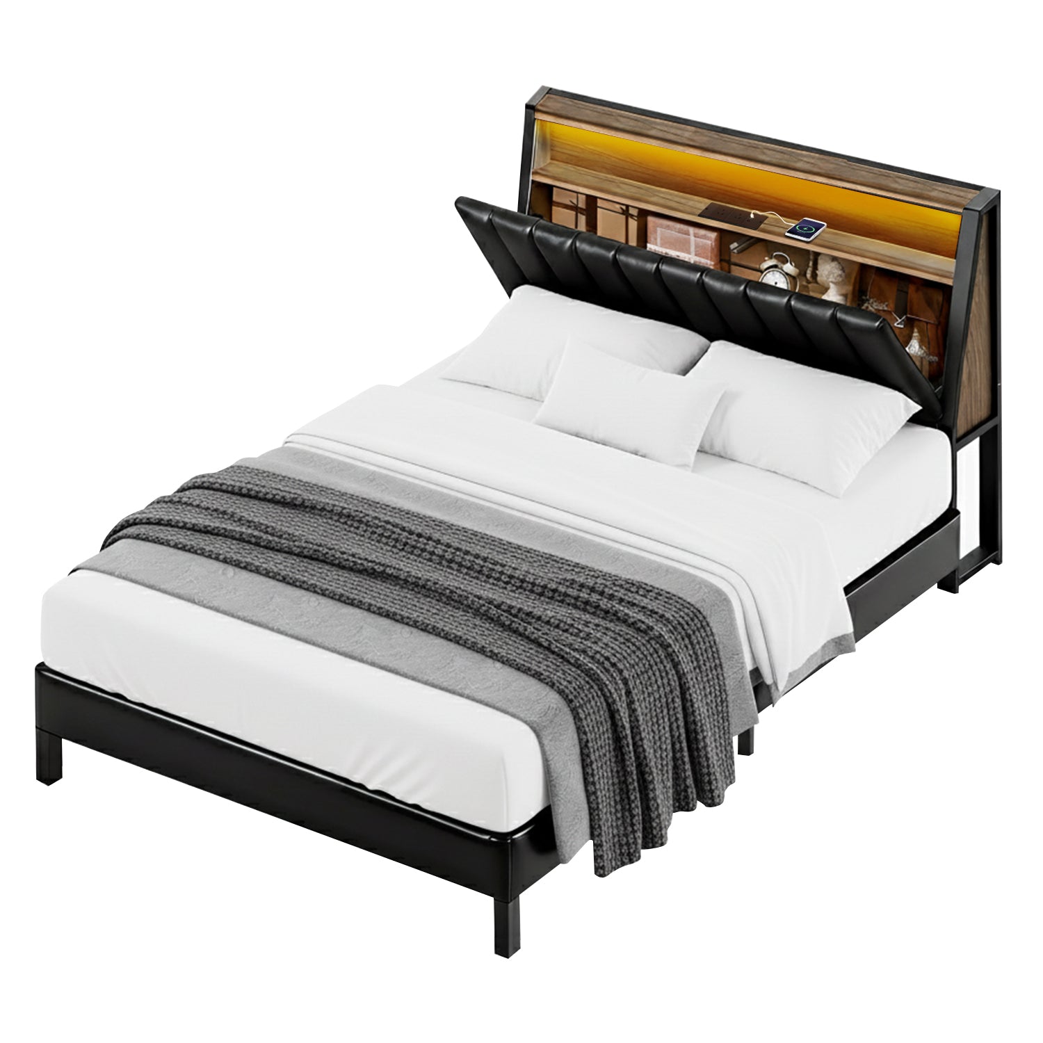 Queen Bed Frame LED Storage Headboard with Charging Station Black - Furniture > Bedroom > Beds & Bed Frames - Rivercity House & Home Co. (ABN 18 642 972 209) - Affordable Modern Furniture Australia