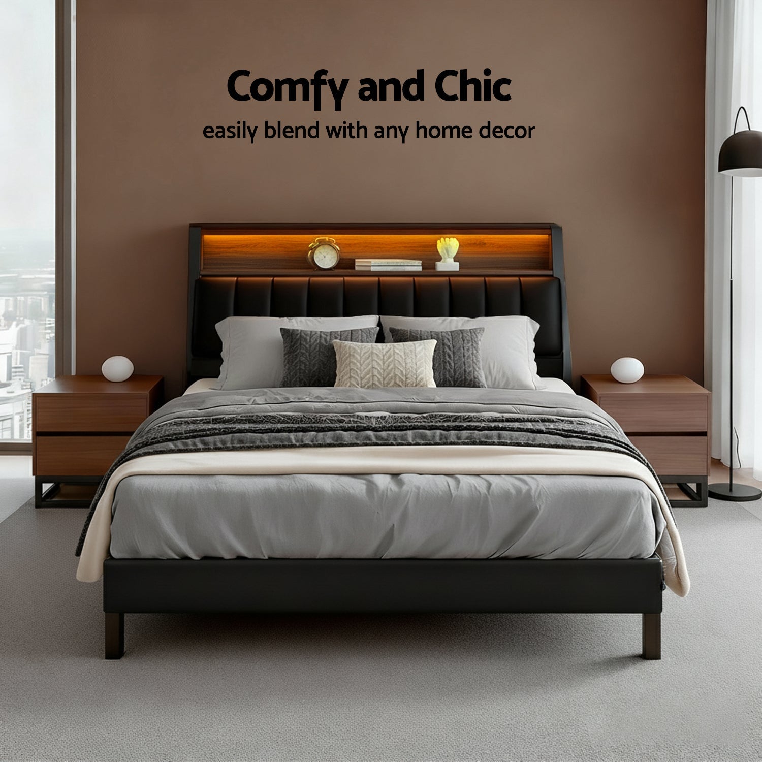 Queen Bed Frame LED Storage Headboard with Charging Station Black - Furniture > Bedroom > Beds & Bed Frames - Rivercity House & Home Co. (ABN 18 642 972 209) - Affordable Modern Furniture Australia
