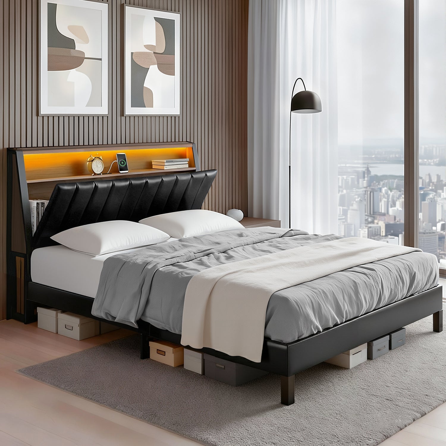 Queen Bed Frame LED Storage Headboard with Charging Station Black - Furniture > Bedroom > Beds & Bed Frames - Rivercity House & Home Co. (ABN 18 642 972 209) - Affordable Modern Furniture Australia