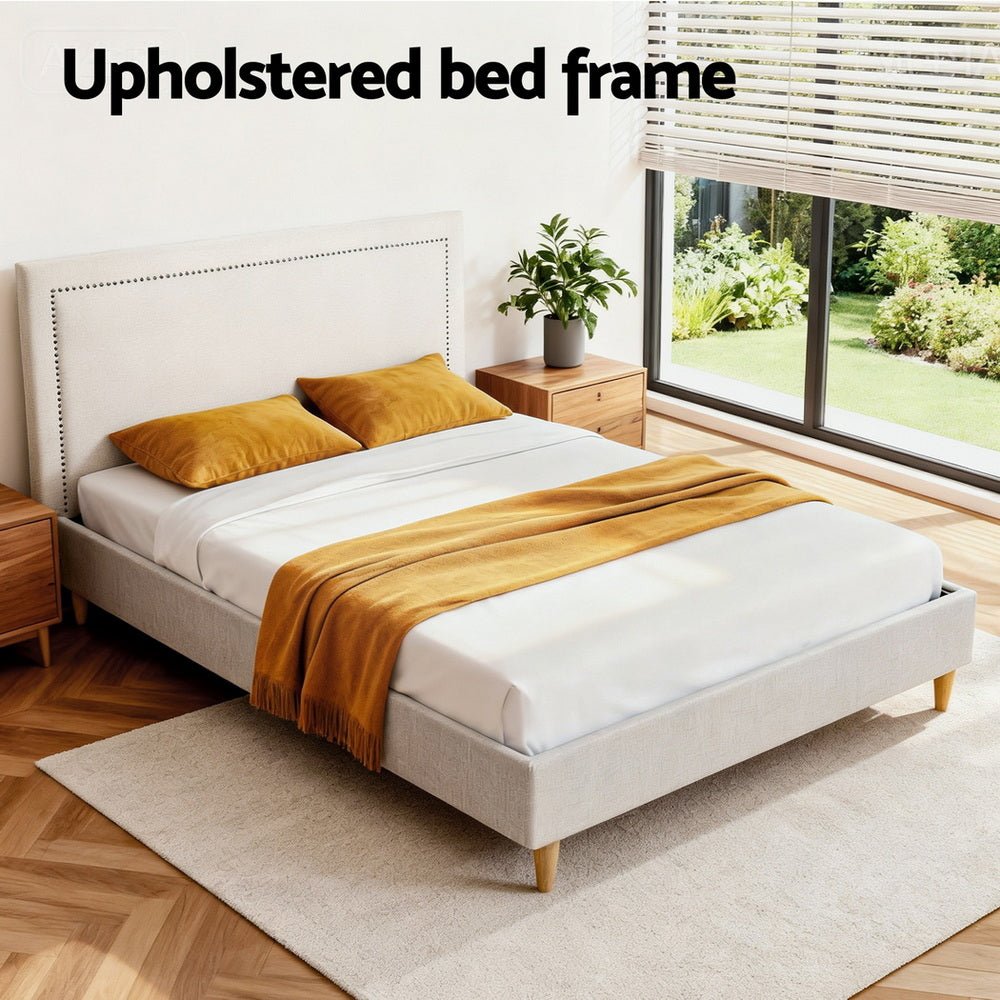 Queen Bed Frame Platform Bed Base Upholstered Headboard Linen Fabric Beige - Furniture > Bedroom > Beds & Bed Frames - Rivercity House & Home Co. (ABN 18 642 972 209) - Affordable Modern Furniture Australia