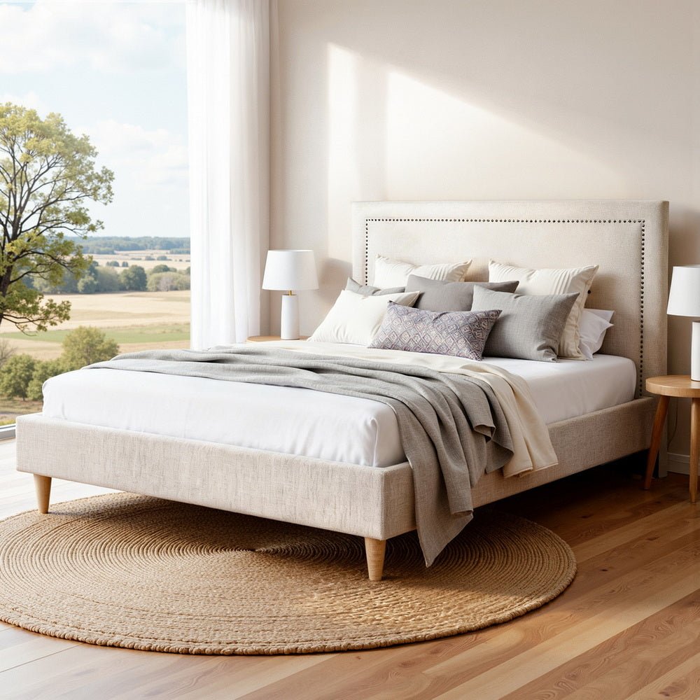 Queen Bed Frame Platform Bed Base Upholstered Headboard Linen Fabric Beige - Furniture > Bedroom > Beds & Bed Frames - Rivercity House & Home Co. (ABN 18 642 972 209) - Affordable Modern Furniture Australia