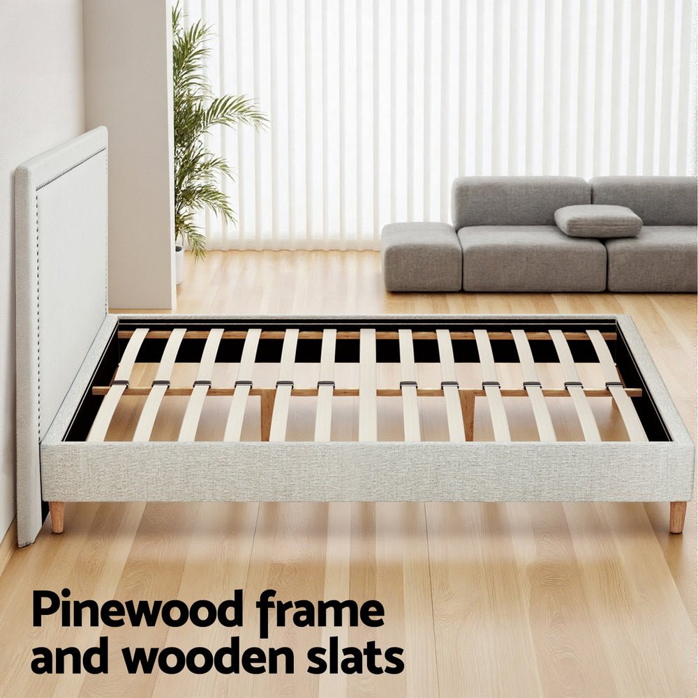 Queen Bed Frame Platform Bed Base Upholstered Headboard Linen Fabric Beige - Furniture > Bedroom > Beds & Bed Frames - Rivercity House & Home Co. (ABN 18 642 972 209) - Affordable Modern Furniture Australia