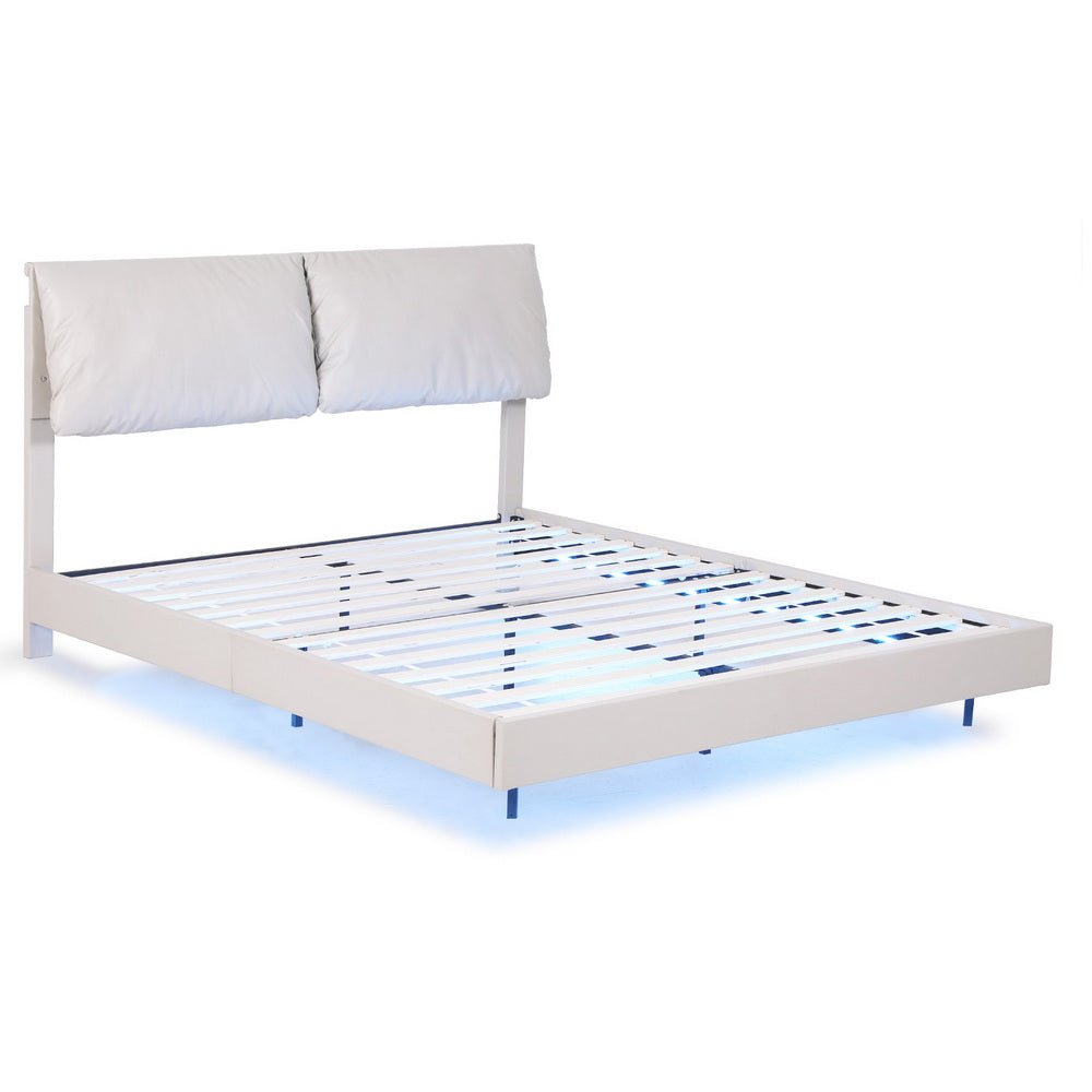 Queen Bed Frame RGB LED Floating Beds Adjustable Headboard Beige White - Furniture > Bedroom > Beds & Bed Frames - Rivercity House & Home Co. (ABN 18 642 972 209) - Affordable Modern Furniture Australia
