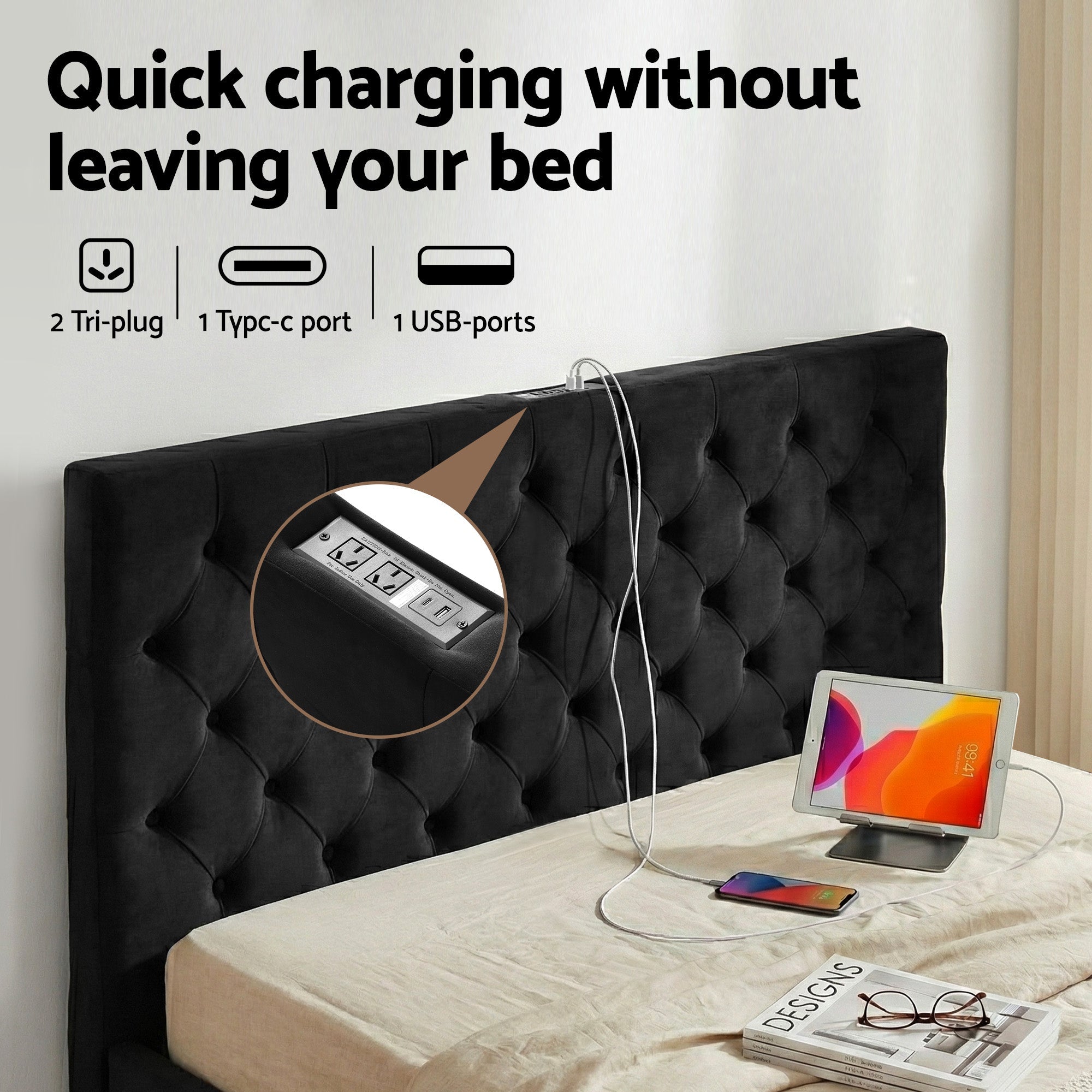 Queen Bed Frame Storage Charging Station Upholstered 3 Drawers USB Type - C - Furniture > Bedroom > Beds & Bed Frames - Rivercity House & Home Co. (ABN 18 642 972 209) - Affordable Modern Furniture Australia