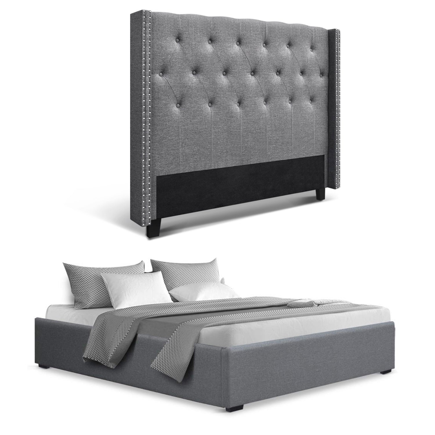 Queen Bed Frame Storage Tufted Headboard Gas Lift Base Grey - Furniture > Bedroom > Beds & Bed Frames - Rivercity House & Home Co. (ABN 18 642 972 209) - Affordable Modern Furniture Australia