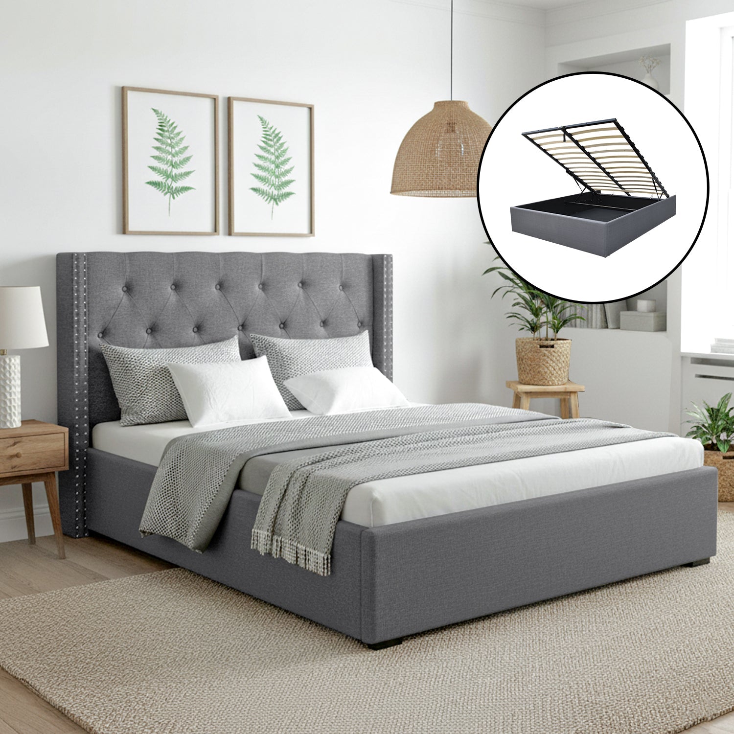 Queen Bed Frame Storage Tufted Headboard Gas Lift Base Grey - Furniture > Bedroom > Beds & Bed Frames - Rivercity House & Home Co. (ABN 18 642 972 209) - Affordable Modern Furniture Australia