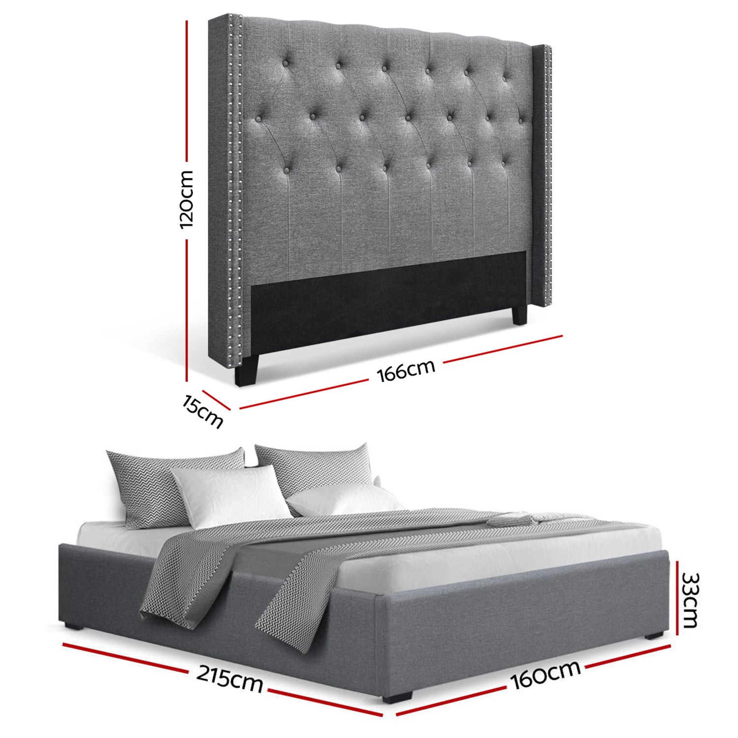 Queen Bed Frame Storage Tufted Headboard Gas Lift Base Grey - Furniture > Bedroom > Beds & Bed Frames - Rivercity House & Home Co. (ABN 18 642 972 209) - Affordable Modern Furniture Australia