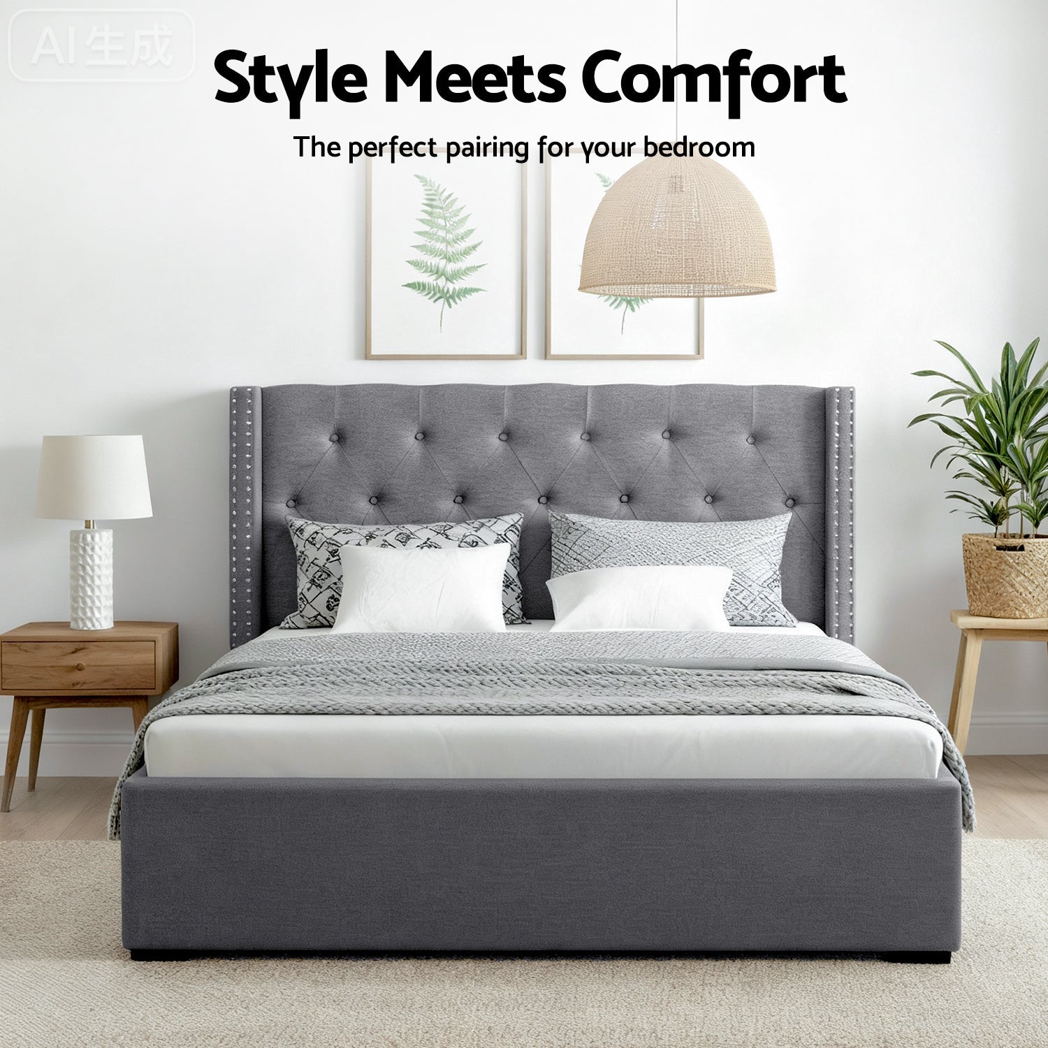 Queen Bed Frame Storage Tufted Headboard Gas Lift Base Grey - Furniture > Bedroom > Beds & Bed Frames - Rivercity House & Home Co. (ABN 18 642 972 209) - Affordable Modern Furniture Australia