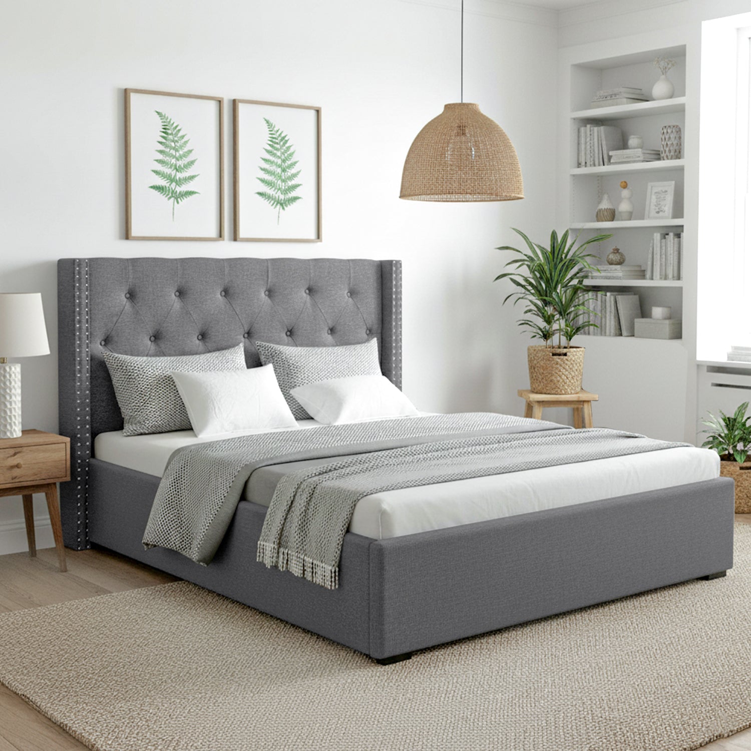 Queen Bed Frame Storage Tufted Headboard Gas Lift Base Grey - Furniture > Bedroom > Beds & Bed Frames - Rivercity House & Home Co. (ABN 18 642 972 209) - Affordable Modern Furniture Australia