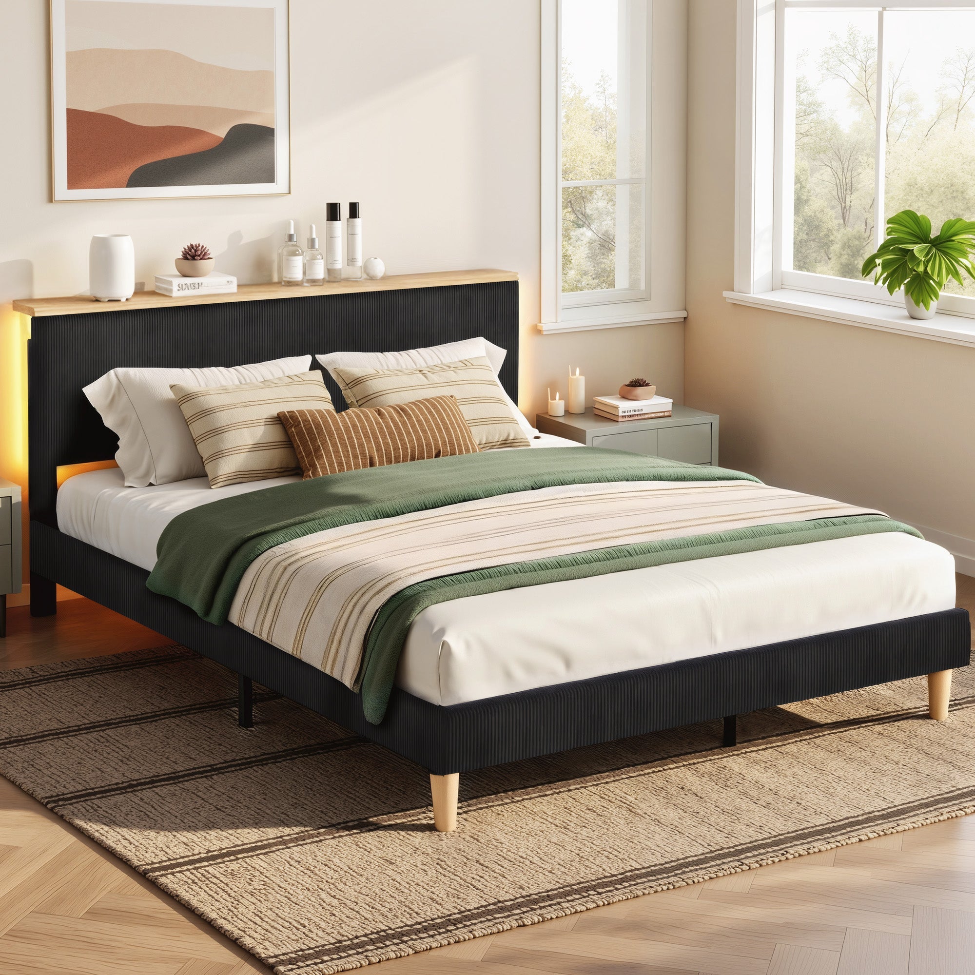 Queen Bed Frame Upholstered Adjustable Headboard Mood Lighting Heavy Duty Black Velvet - Furniture > Bedroom > Beds & Bed Frames - Rivercity House & Home Co. (ABN 18 642 972 209) - Affordable Modern Furniture Australia