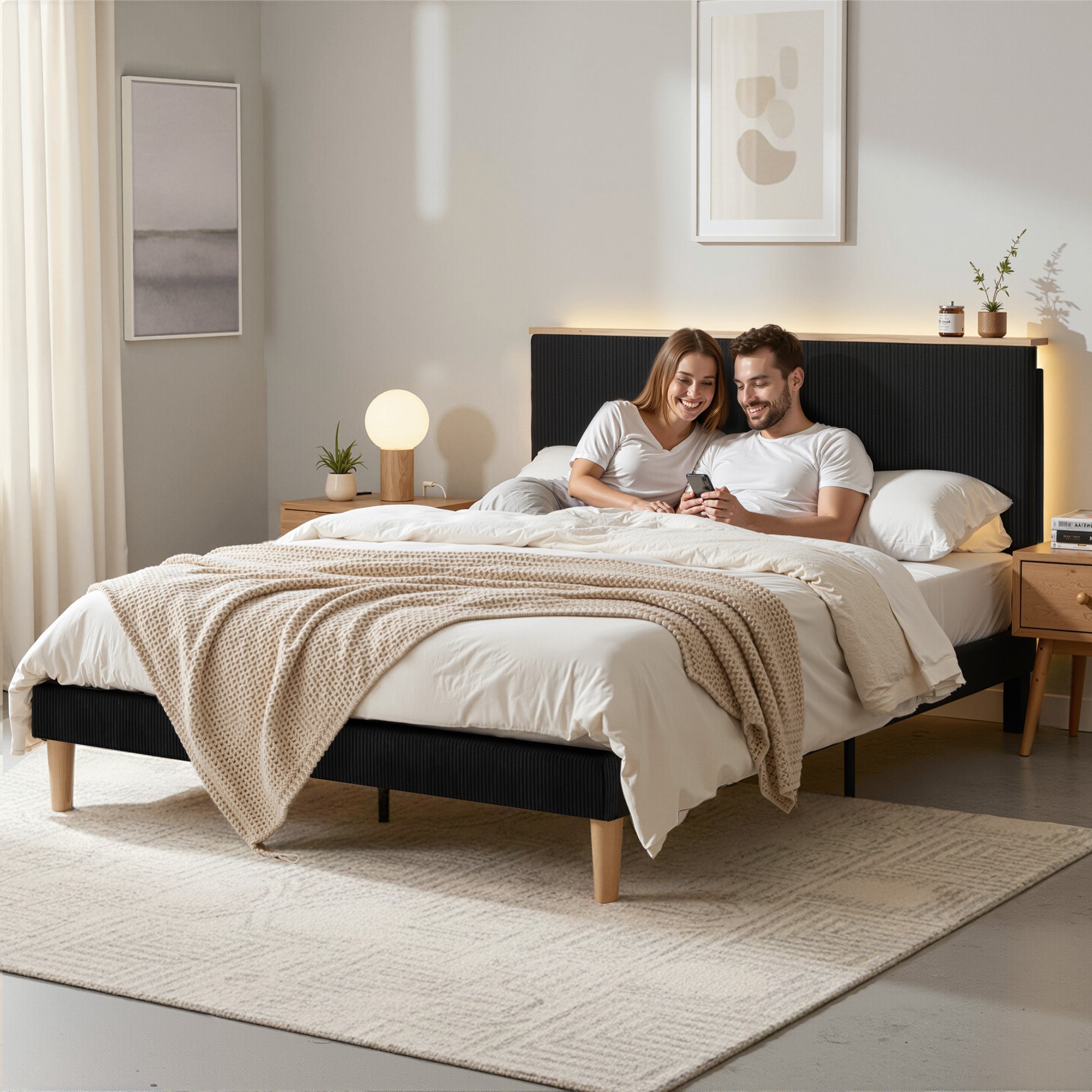 Queen Bed Frame Upholstered Adjustable Headboard Mood Lighting Heavy Duty Black Velvet - Furniture > Bedroom > Beds & Bed Frames - Rivercity House & Home Co. (ABN 18 642 972 209) - Affordable Modern Furniture Australia