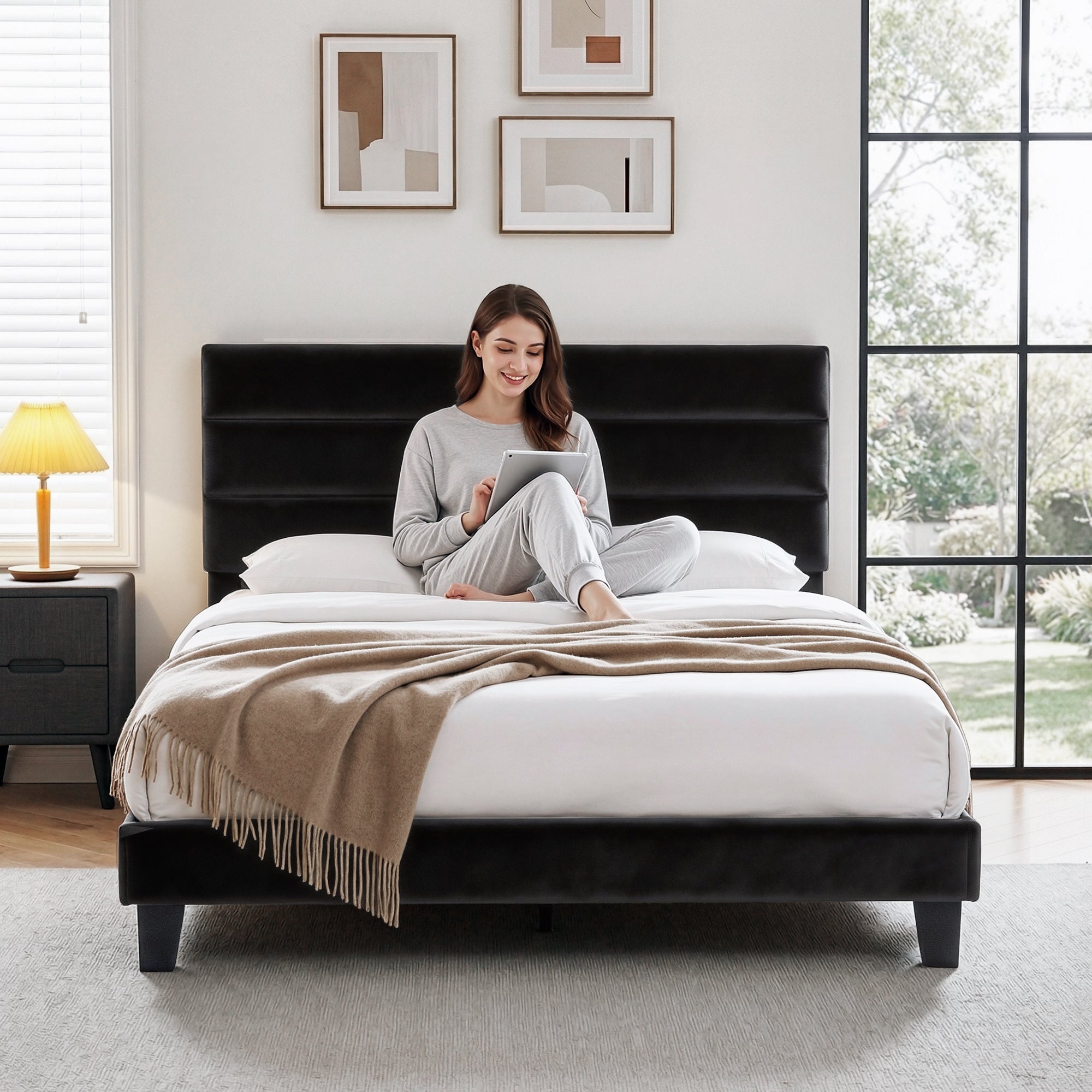 Queen Bed Frame Upholstered Platform Base with Geometric Headboard Black Velvet - Furniture > Bedroom > Beds & Bed Frames - Rivercity House & Home Co. (ABN 18 642 972 209) - Affordable Modern Furniture Australia