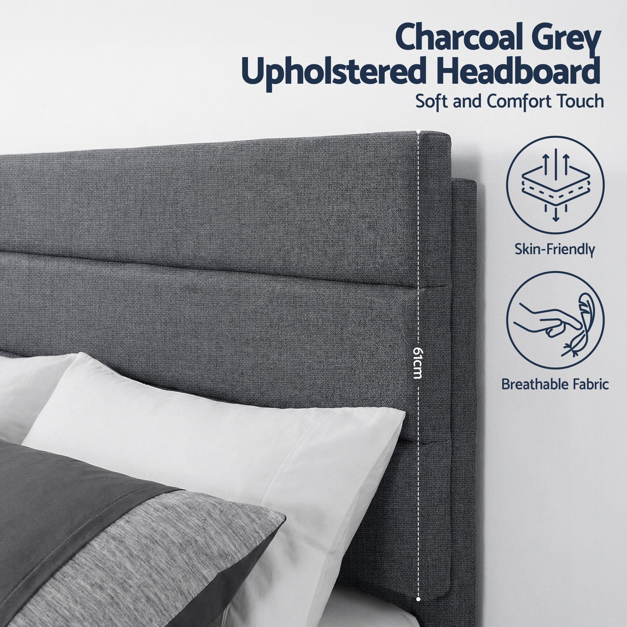 Queen Bed Frame Upholstered Platform Base with Geometric Headboard Charcoal Grey Linen Wood Slats for Modern Bedroom Furniture Home Decor - Furniture > Bedroom > Beds & Bed Frames - Rivercity House & Home Co. (ABN 18 642 972 209) - Affordable Modern Furniture Australia