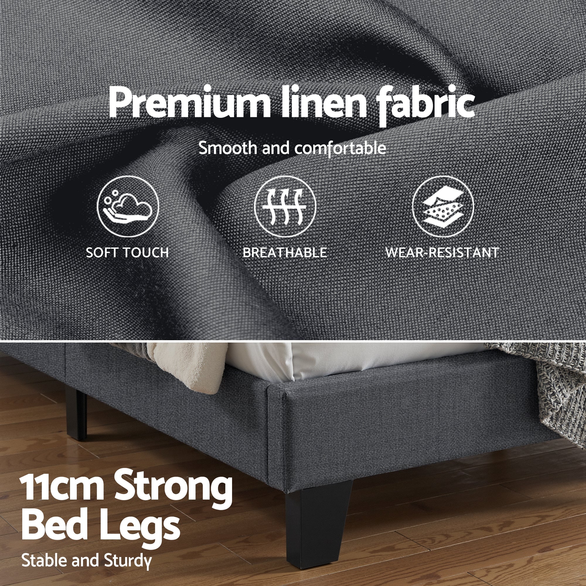 Queen Bed Frame Upholstered Platform Base with Geometric Headboard Charcoal Grey Linen Wood Slats for Modern Bedroom Furniture Home Decor - Furniture > Bedroom > Beds & Bed Frames - Rivercity House & Home Co. (ABN 18 642 972 209) - Affordable Modern Furniture Australia