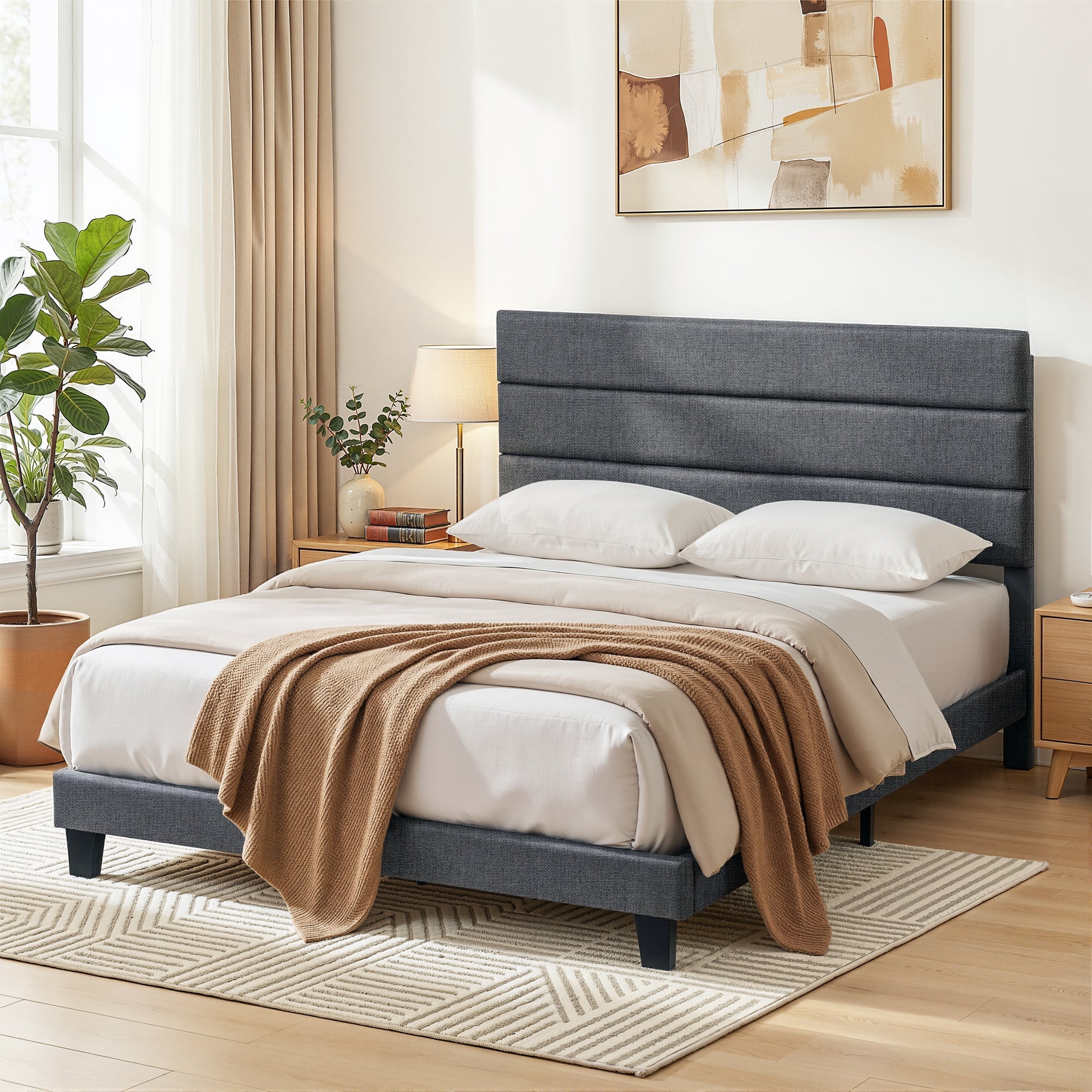 Queen Bed Frame Upholstered Platform Base with Geometric Headboard Charcoal Grey Linen Wood Slats for Modern Bedroom Furniture Home Decor - Furniture > Bedroom > Beds & Bed Frames - Rivercity House & Home Co. (ABN 18 642 972 209) - Affordable Modern Furniture Australia
