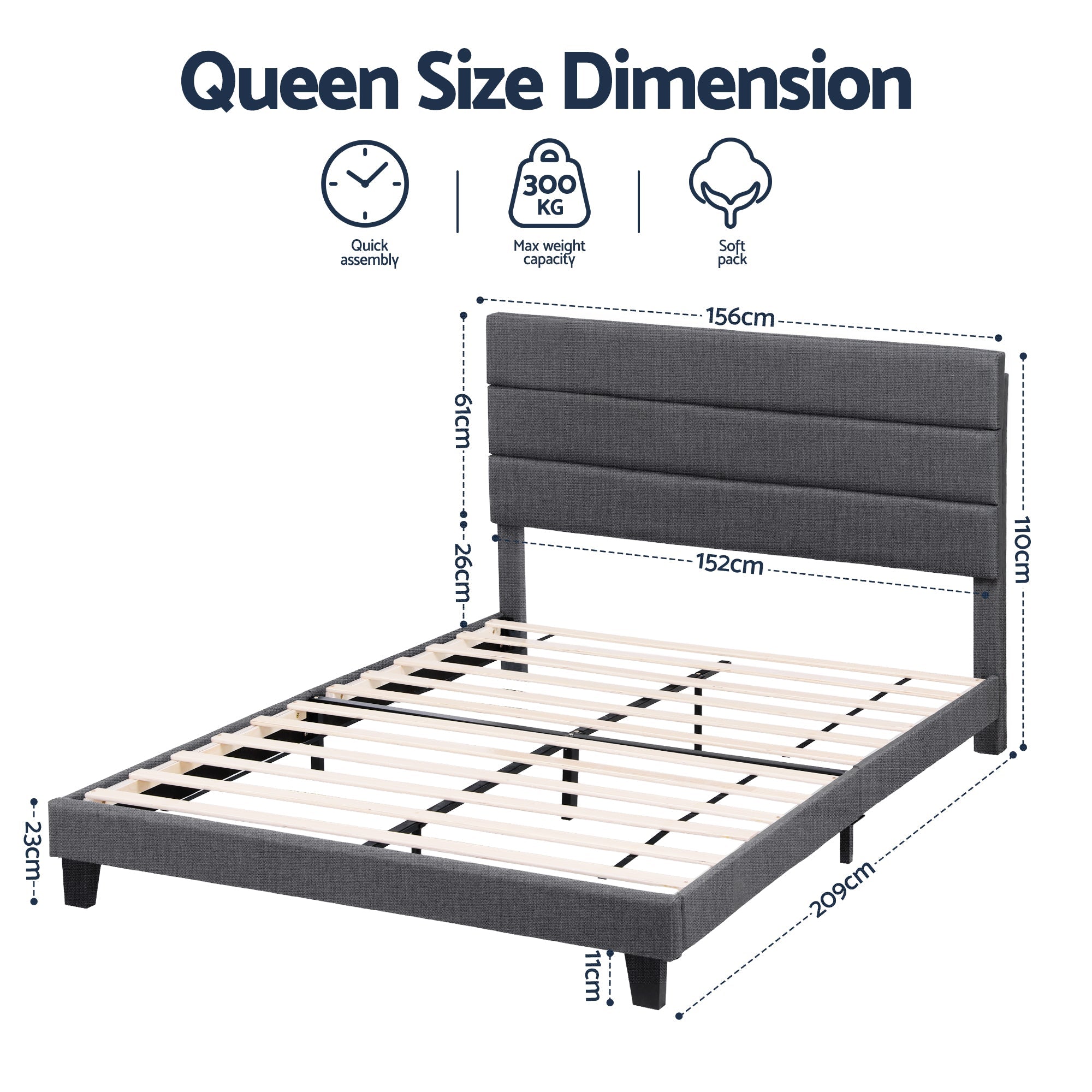 Queen Bed Frame Upholstered Platform Base with Geometric Headboard Charcoal Grey Linen Wood Slats for Modern Bedroom Furniture Home Decor - Furniture > Bedroom > Beds & Bed Frames - Rivercity House & Home Co. (ABN 18 642 972 209) - Affordable Modern Furniture Australia