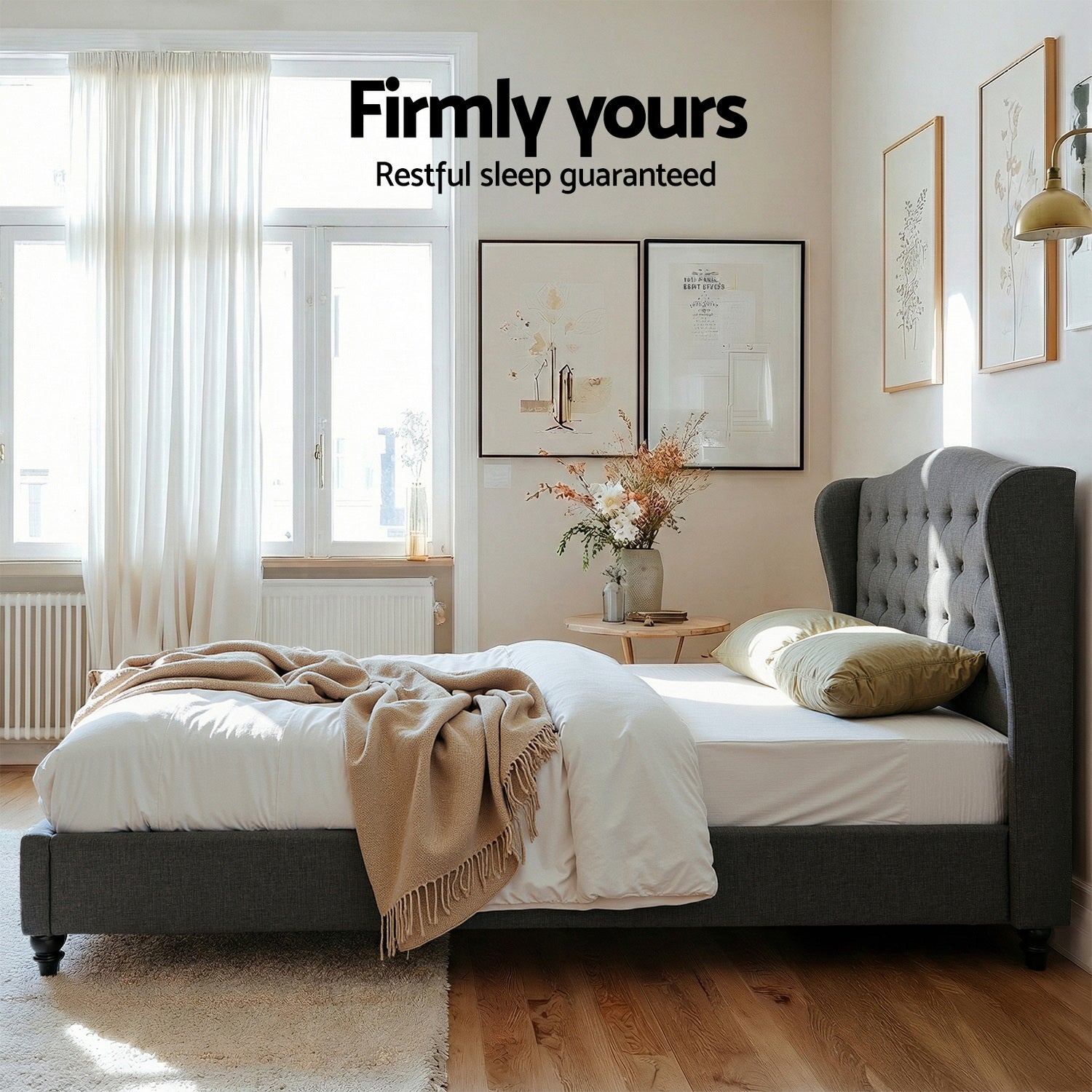 Queen Bed Frame Wingback Headboard Charcoal Grey Linen Upholstered Platform Bed Base - Furniture > Bedroom > Beds & Bed Frames - Rivercity House & Home Co. (ABN 18 642 972 209) - Affordable Modern Furniture Australia