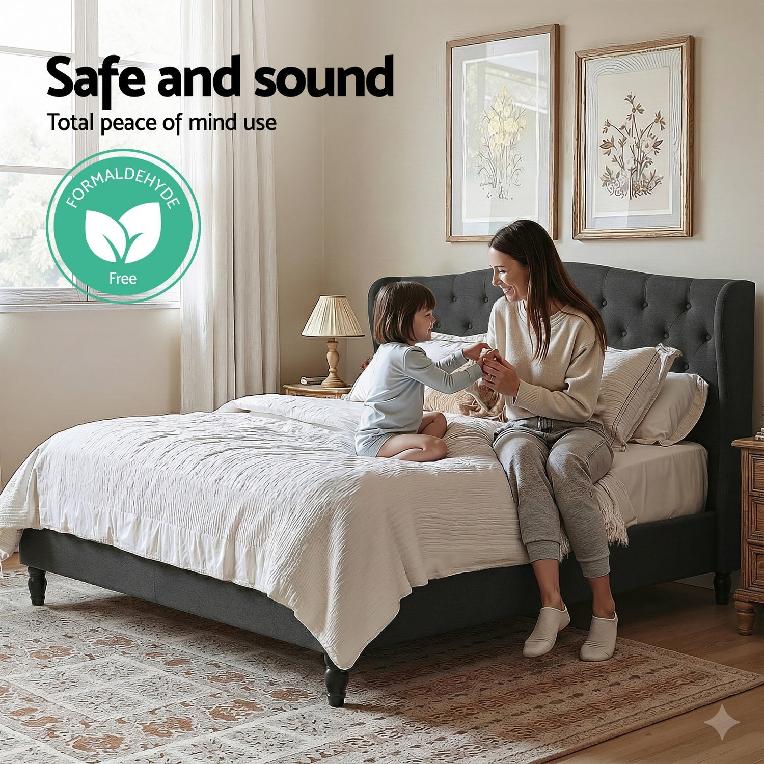 Queen Bed Frame Wingback Headboard Charcoal Grey Linen Upholstered Platform Bed Base - Furniture > Bedroom > Beds & Bed Frames - Rivercity House & Home Co. (ABN 18 642 972 209) - Affordable Modern Furniture Australia