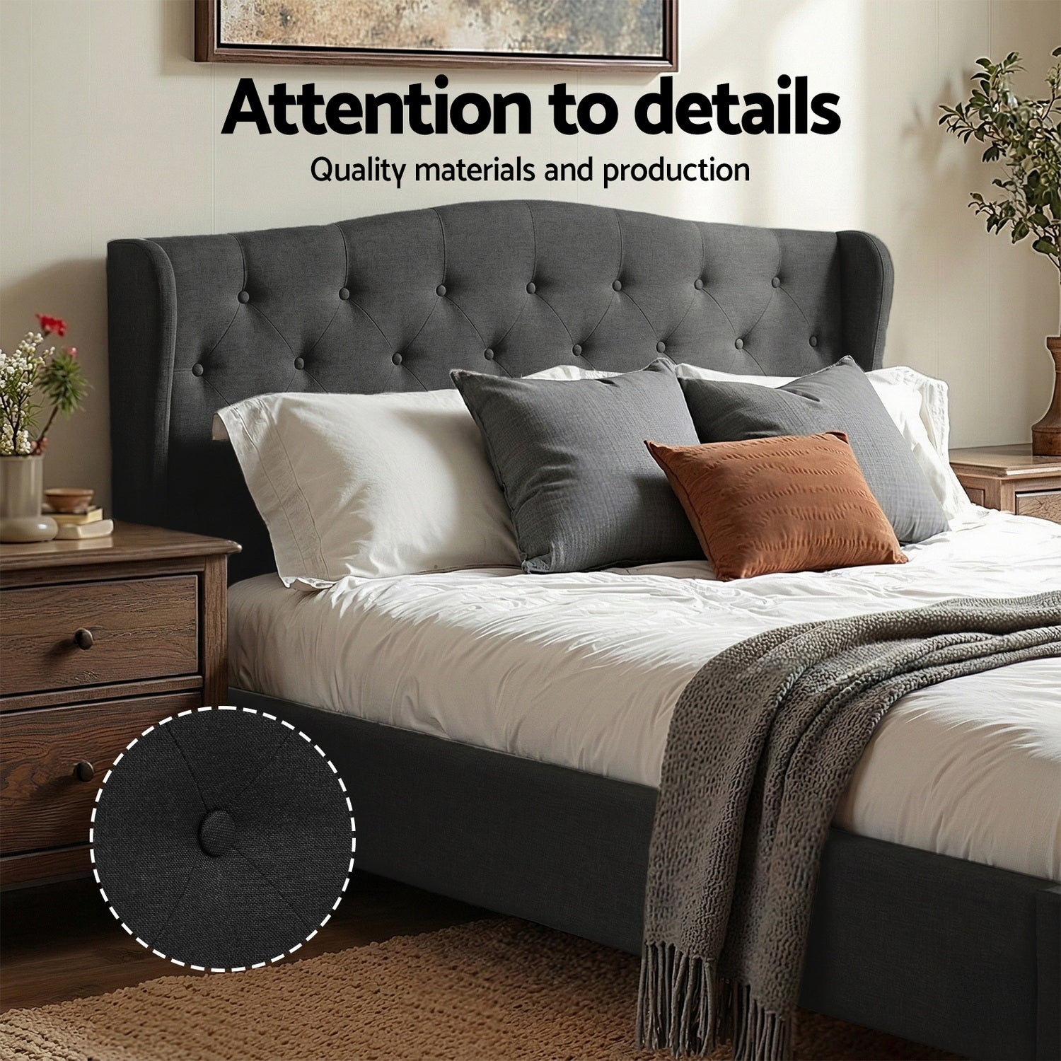 Queen Bed Frame Wingback Headboard Charcoal Grey Linen Upholstered Platform Bed Base - Furniture > Bedroom > Beds & Bed Frames - Rivercity House & Home Co. (ABN 18 642 972 209) - Affordable Modern Furniture Australia