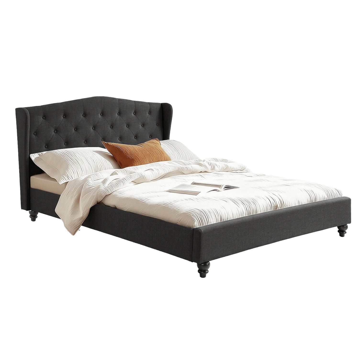 Queen Bed Frame Wingback Headboard Charcoal Grey Linen Upholstered Platform Bed Base - Furniture > Bedroom > Beds & Bed Frames - Rivercity House & Home Co. (ABN 18 642 972 209) - Affordable Modern Furniture Australia