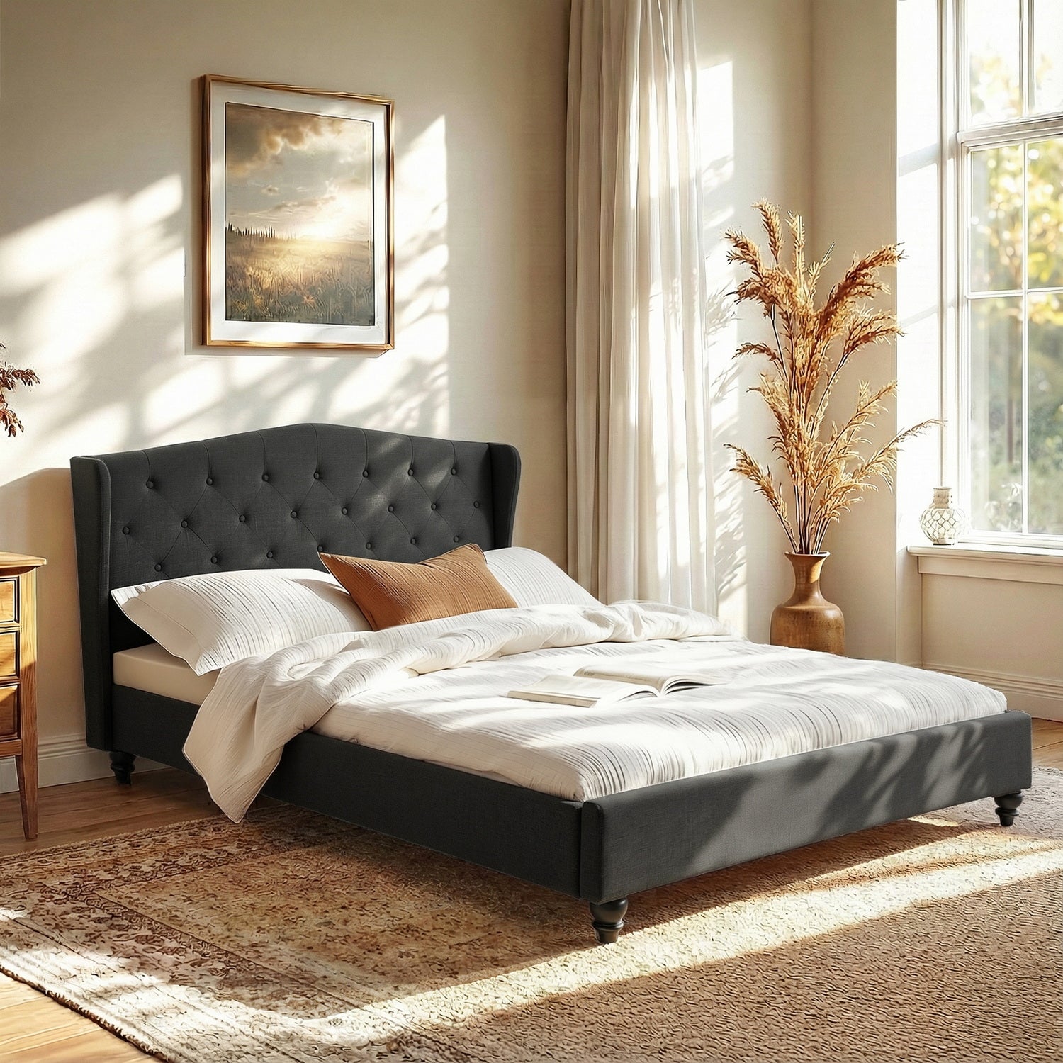 Queen Bed Frame Wingback Headboard Charcoal Grey Linen Upholstered Platform Bed Base - Furniture > Bedroom > Beds & Bed Frames - Rivercity House & Home Co. (ABN 18 642 972 209) - Affordable Modern Furniture Australia