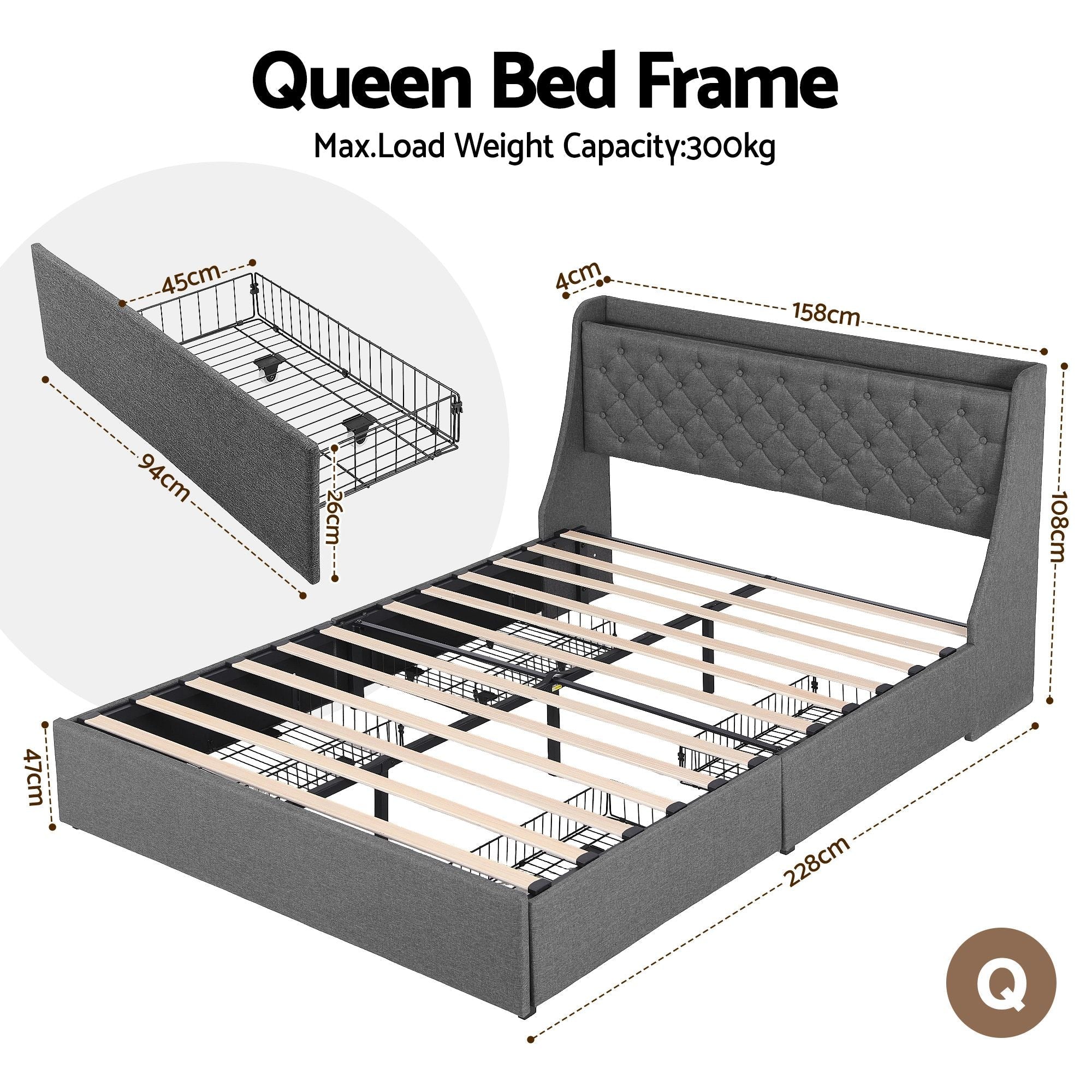 Queen Bed Frame with 4 Storage Drawers and Charging Station Tufted Wingback Headboard 300kg Loads Charcoal Grey - Furniture > Bedroom > Beds & Bed Frames - Rivercity House & Home Co. (ABN 18 642 972 209) - Affordable Modern Furniture Australia