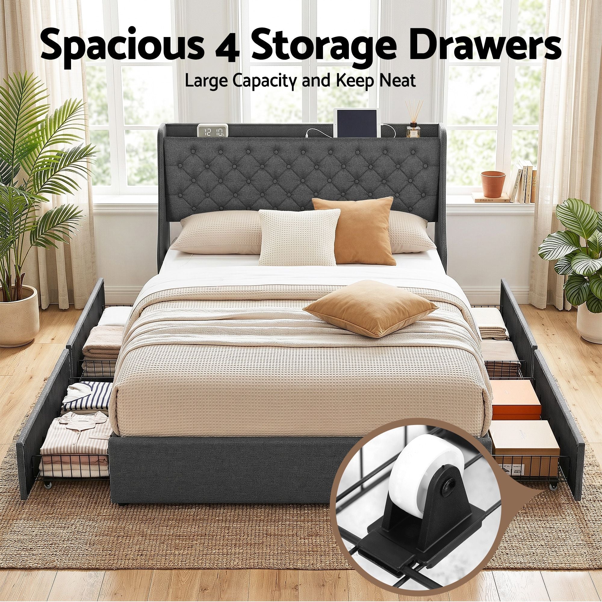 Queen Bed Frame with 4 Storage Drawers and Charging Station Tufted Wingback Headboard 300kg Loads Charcoal Grey - Furniture > Bedroom > Beds & Bed Frames - Rivercity House & Home Co. (ABN 18 642 972 209) - Affordable Modern Furniture Australia