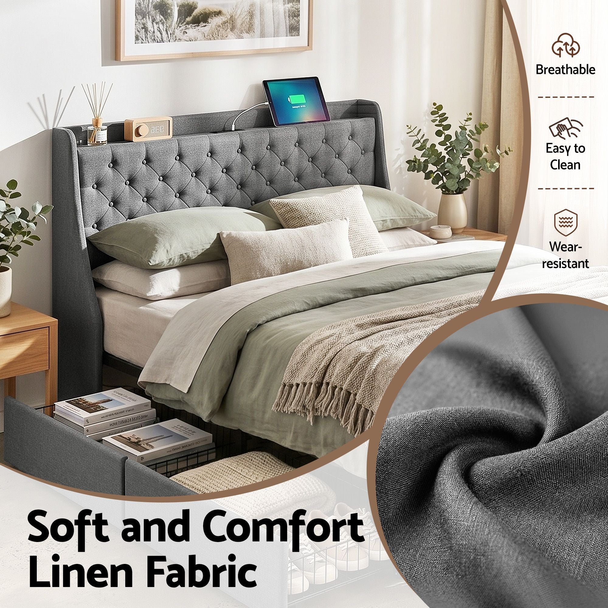 Queen Bed Frame with 4 Storage Drawers and Charging Station Tufted Wingback Headboard 300kg Loads Charcoal Grey - Furniture > Bedroom > Beds & Bed Frames - Rivercity House & Home Co. (ABN 18 642 972 209) - Affordable Modern Furniture Australia