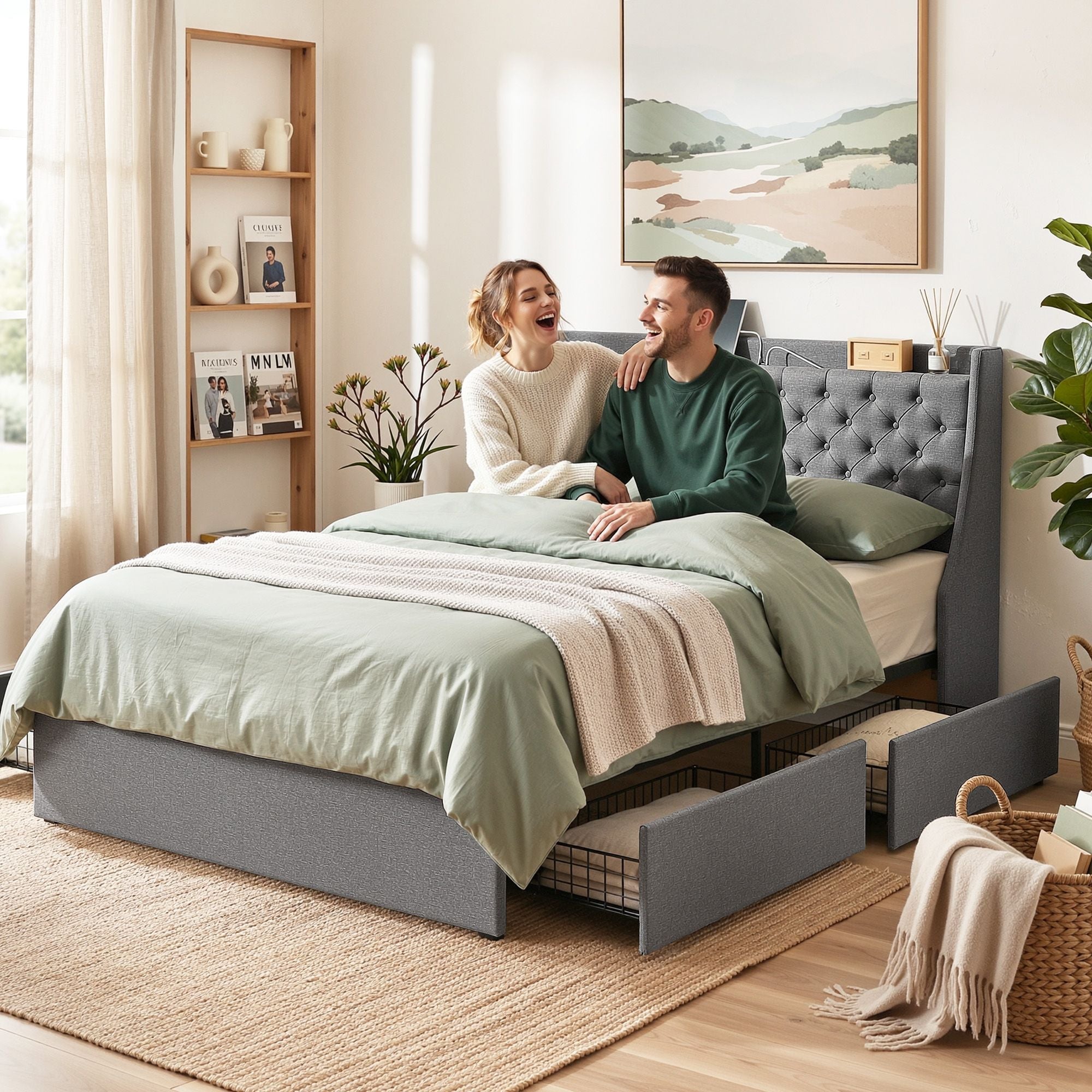 Queen Bed Frame with 4 Storage Drawers and Charging Station Tufted Wingback Headboard 300kg Loads Charcoal Grey - Furniture > Bedroom > Beds & Bed Frames - Rivercity House & Home Co. (ABN 18 642 972 209) - Affordable Modern Furniture Australia