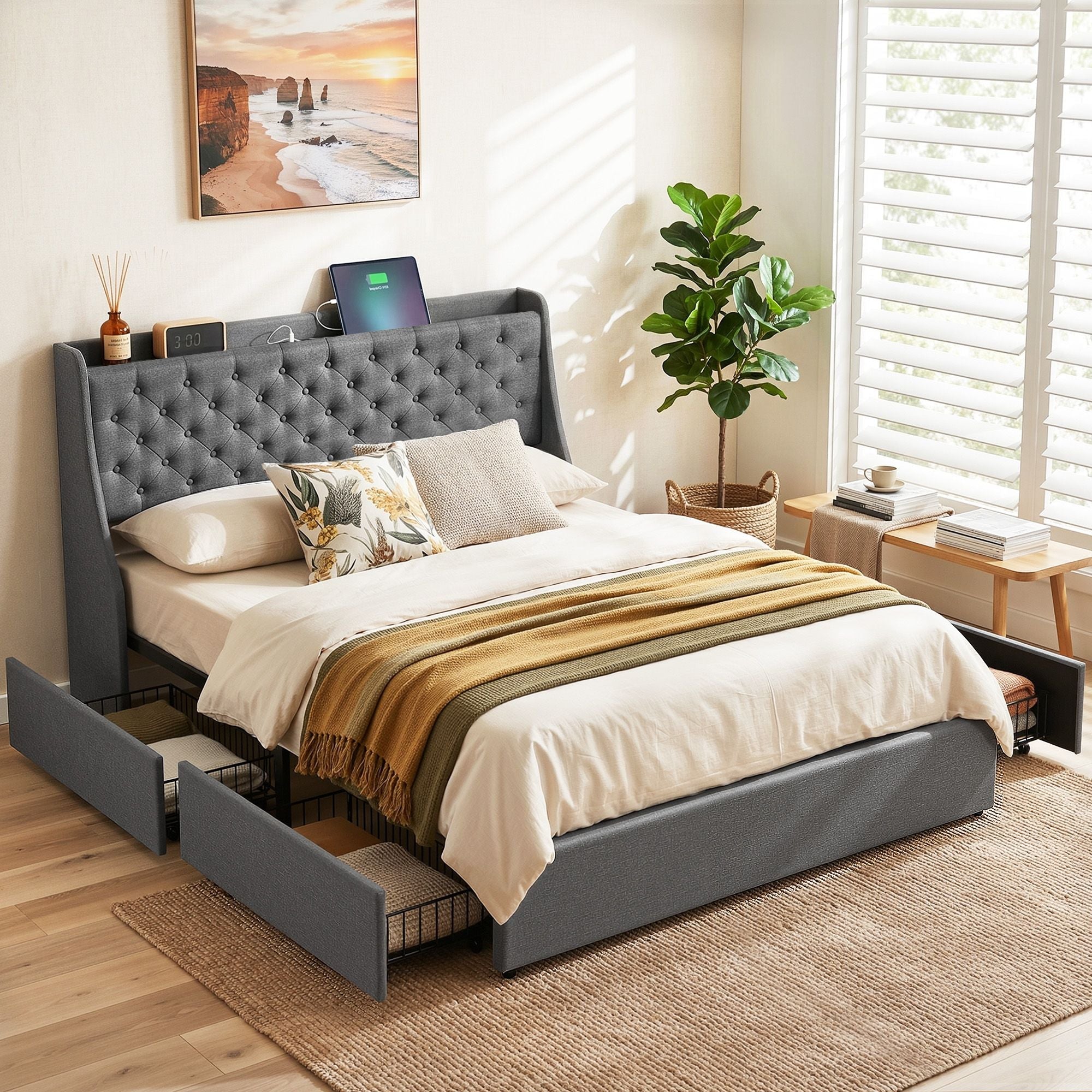 Queen Bed Frame with 4 Storage Drawers and Charging Station Tufted Wingback Headboard 300kg Loads Charcoal Grey - Furniture > Bedroom > Beds & Bed Frames - Rivercity House & Home Co. (ABN 18 642 972 209) - Affordable Modern Furniture Australia