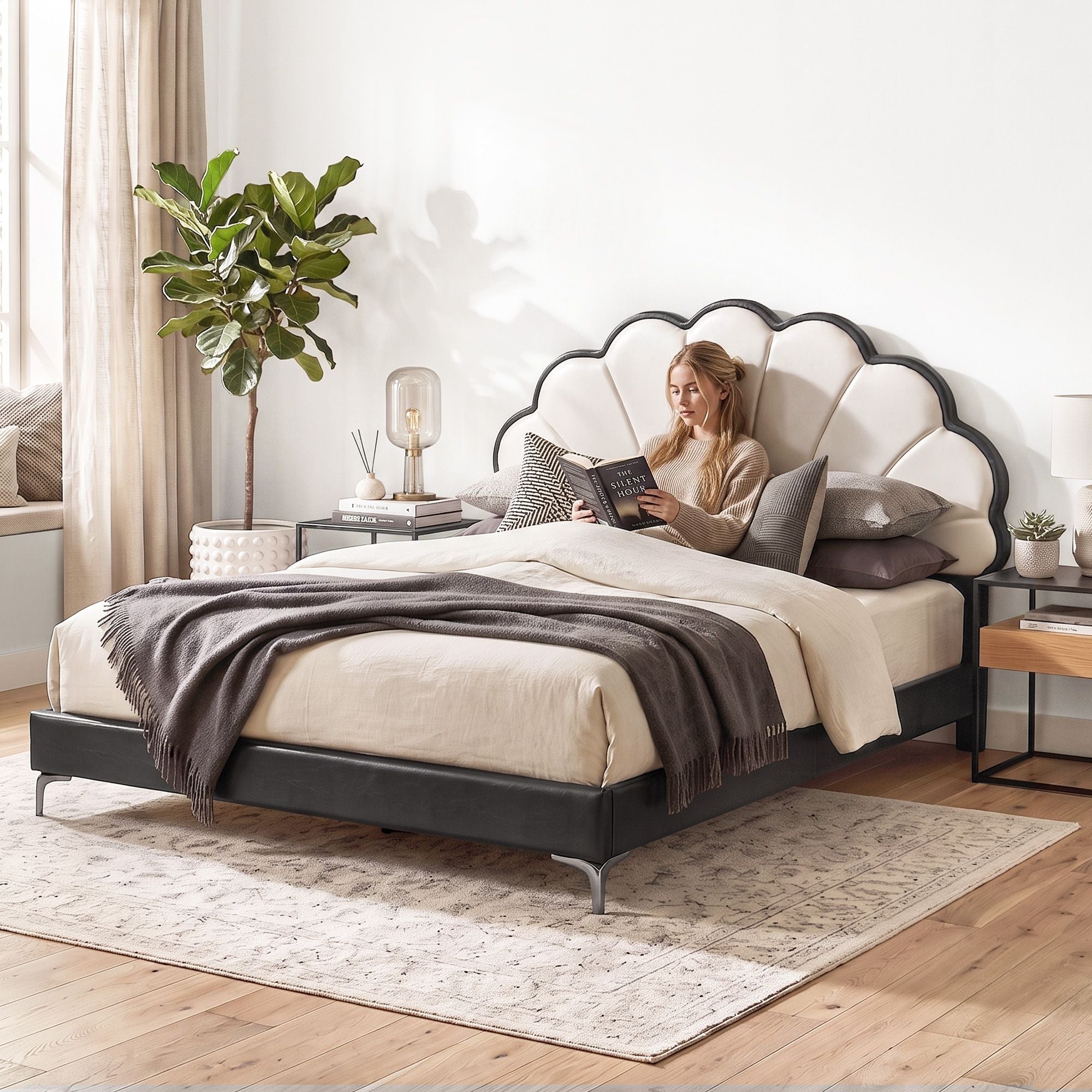 Queen Bed Frame with Adjustable Shell Headboard and PVC Upholstery - Furniture > Bedroom > Beds & Bed Frames - Rivercity House & Home Co. (ABN 18 642 972 209) - Affordable Modern Furniture Australia