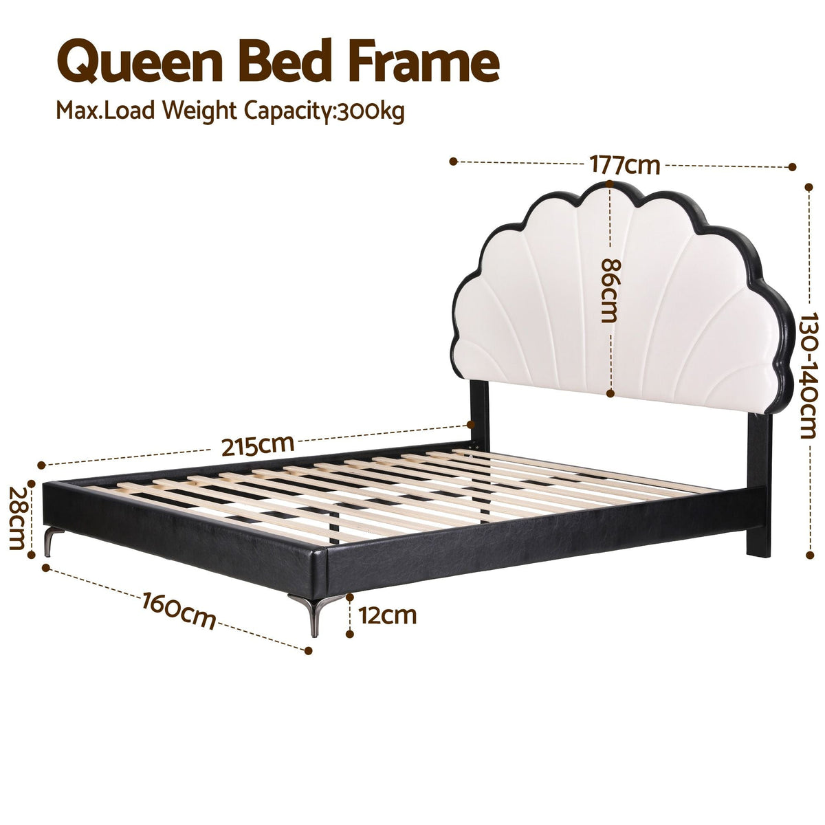 Queen Bed Frame with Adjustable Shell Headboard and PVC Upholstery - Furniture > Bedroom > Beds & Bed Frames - Rivercity House & Home Co. (ABN 18 642 972 209) - Affordable Modern Furniture Australia