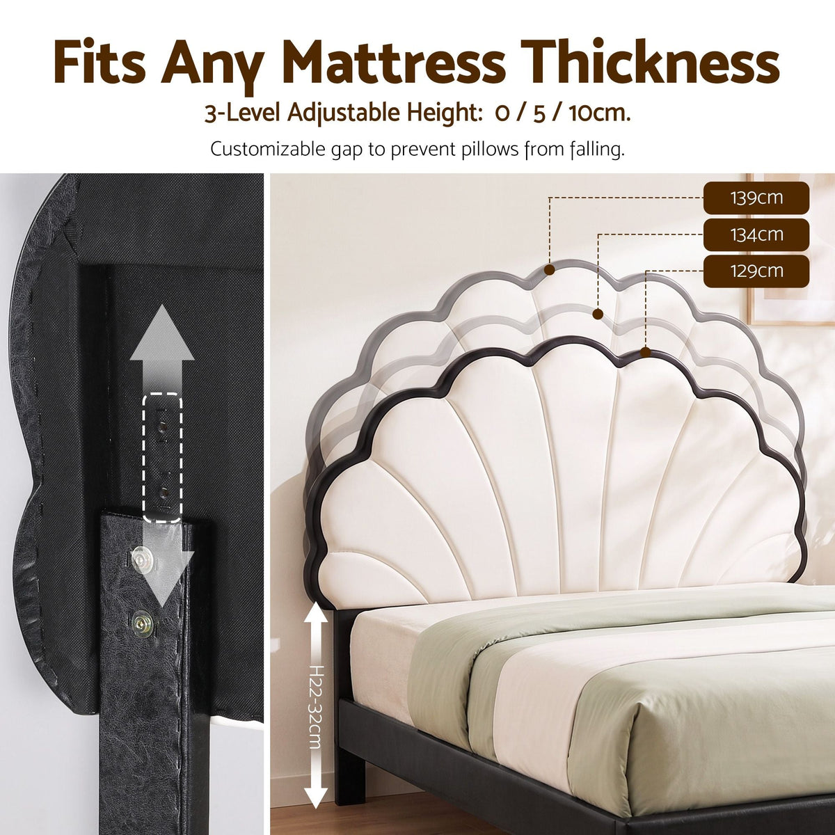 Queen Bed Frame with Adjustable Shell Headboard and PVC Upholstery - Furniture > Bedroom > Beds & Bed Frames - Rivercity House & Home Co. (ABN 18 642 972 209) - Affordable Modern Furniture Australia