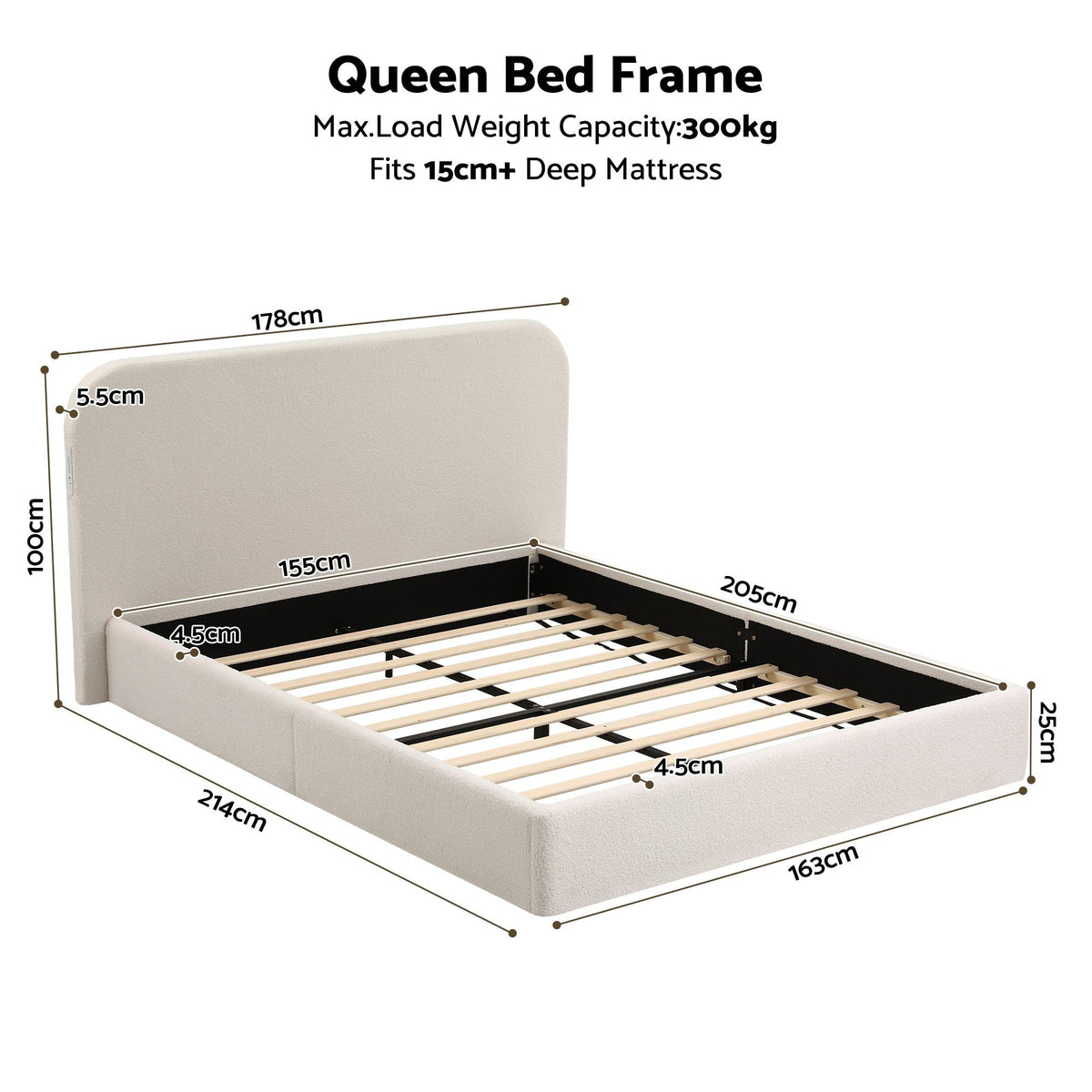 Queen Bed Frame with Bouclé Headboard, USB-C Charging & Night Lights - Furniture > Bedroom > Beds & Bed Frames - Rivercity House & Home Co. (ABN 18 642 972 209) - Affordable Modern Furniture Australia