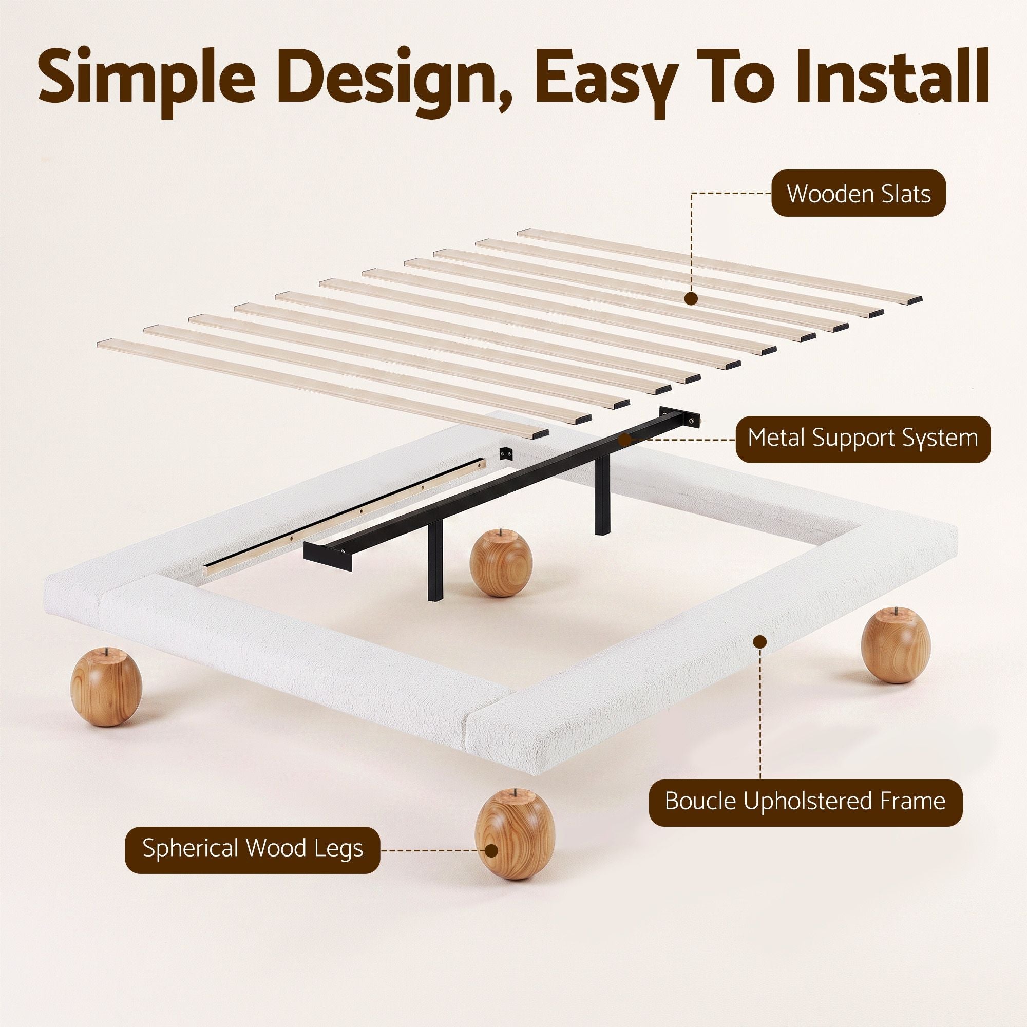 Queen Bed Frame with Boucle Upholstery and Solid Rubber Wood Legs - Furniture > Bedroom > Beds & Bed Frames - Rivercity House & Home Co. (ABN 18 642 972 209) - Affordable Modern Furniture Australia