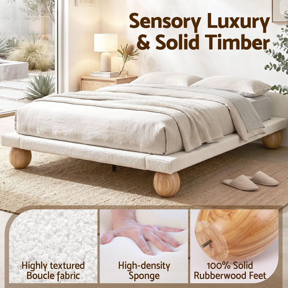Queen Bed Frame with Boucle Upholstery and Solid Rubber Wood Legs - Furniture > Bedroom > Beds & Bed Frames - Rivercity House & Home Co. (ABN 18 642 972 209) - Affordable Modern Furniture Australia