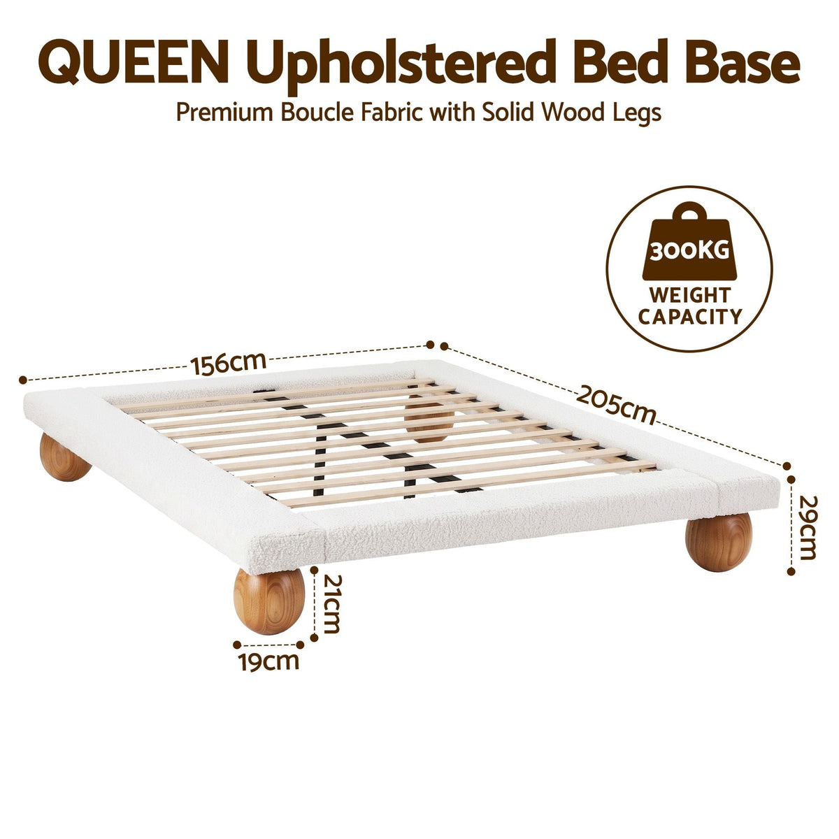 Queen Bed Frame with Boucle Upholstery and Solid Rubber Wood Legs - Furniture > Bedroom > Beds & Bed Frames - Rivercity House & Home Co. (ABN 18 642 972 209) - Affordable Modern Furniture Australia