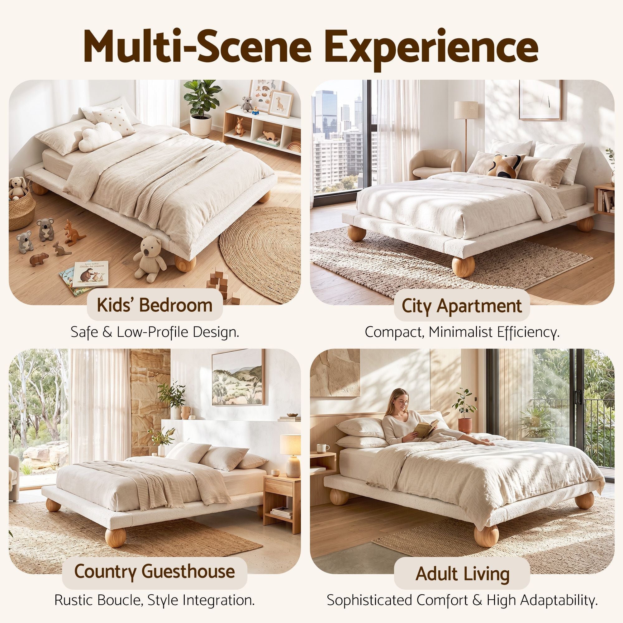 Queen Bed Frame with Boucle Upholstery and Solid Rubber Wood Legs - Furniture > Bedroom > Beds & Bed Frames - Rivercity House & Home Co. (ABN 18 642 972 209) - Affordable Modern Furniture Australia