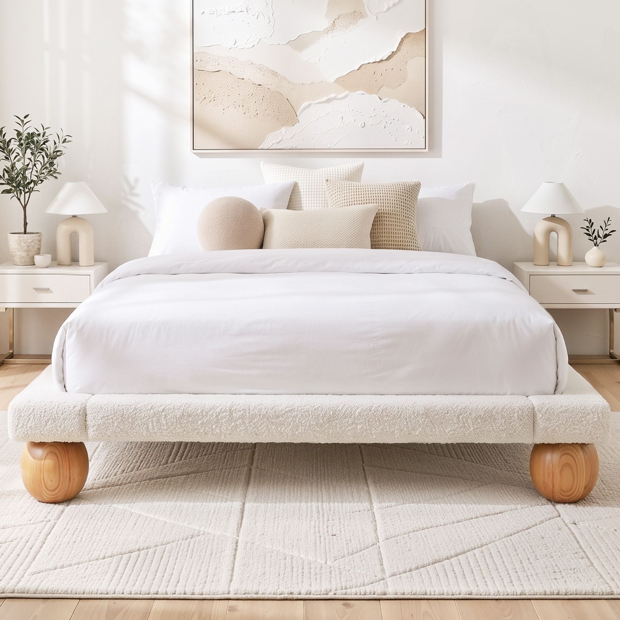 Queen Bed Frame with Boucle Upholstery and Solid Rubber Wood Legs - Furniture > Bedroom > Beds & Bed Frames - Rivercity House & Home Co. (ABN 18 642 972 209) - Affordable Modern Furniture Australia