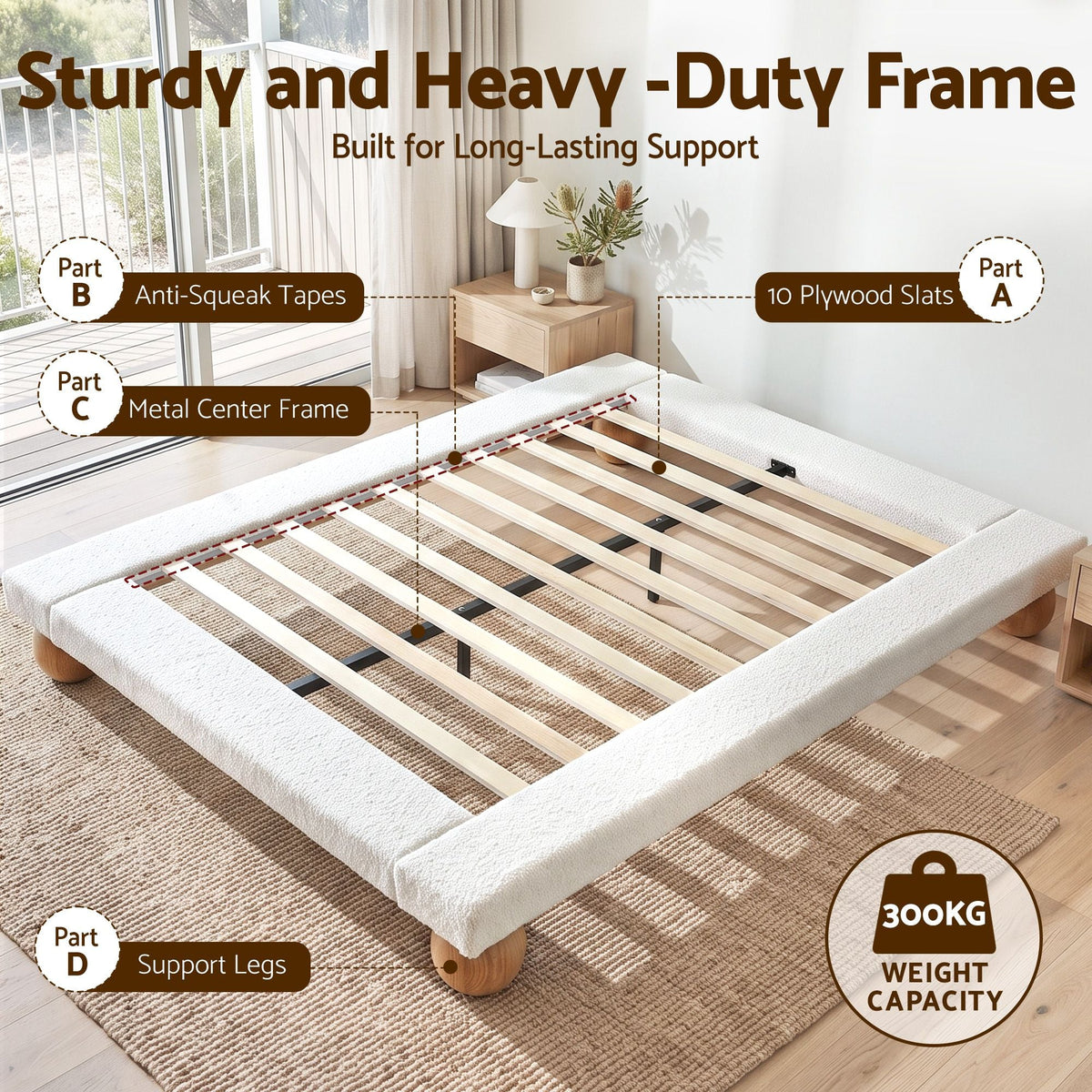 Queen Bed Frame with Boucle Upholstery and Solid Rubber Wood Legs - Furniture > Bedroom > Beds & Bed Frames - Rivercity House & Home Co. (ABN 18 642 972 209) - Affordable Modern Furniture Australia