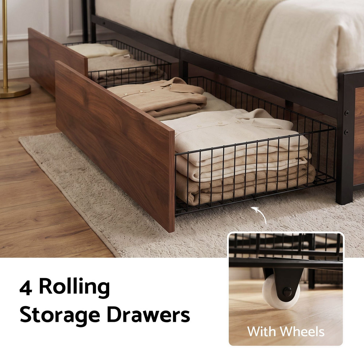 Queen Bed Frame with Charging Station and 4 Drawers Storage - Oak - Furniture > Bedroom > Beds & Bed Frames - Rivercity House & Home Co. (ABN 18 642 972 209) - Affordable Modern Furniture Australia