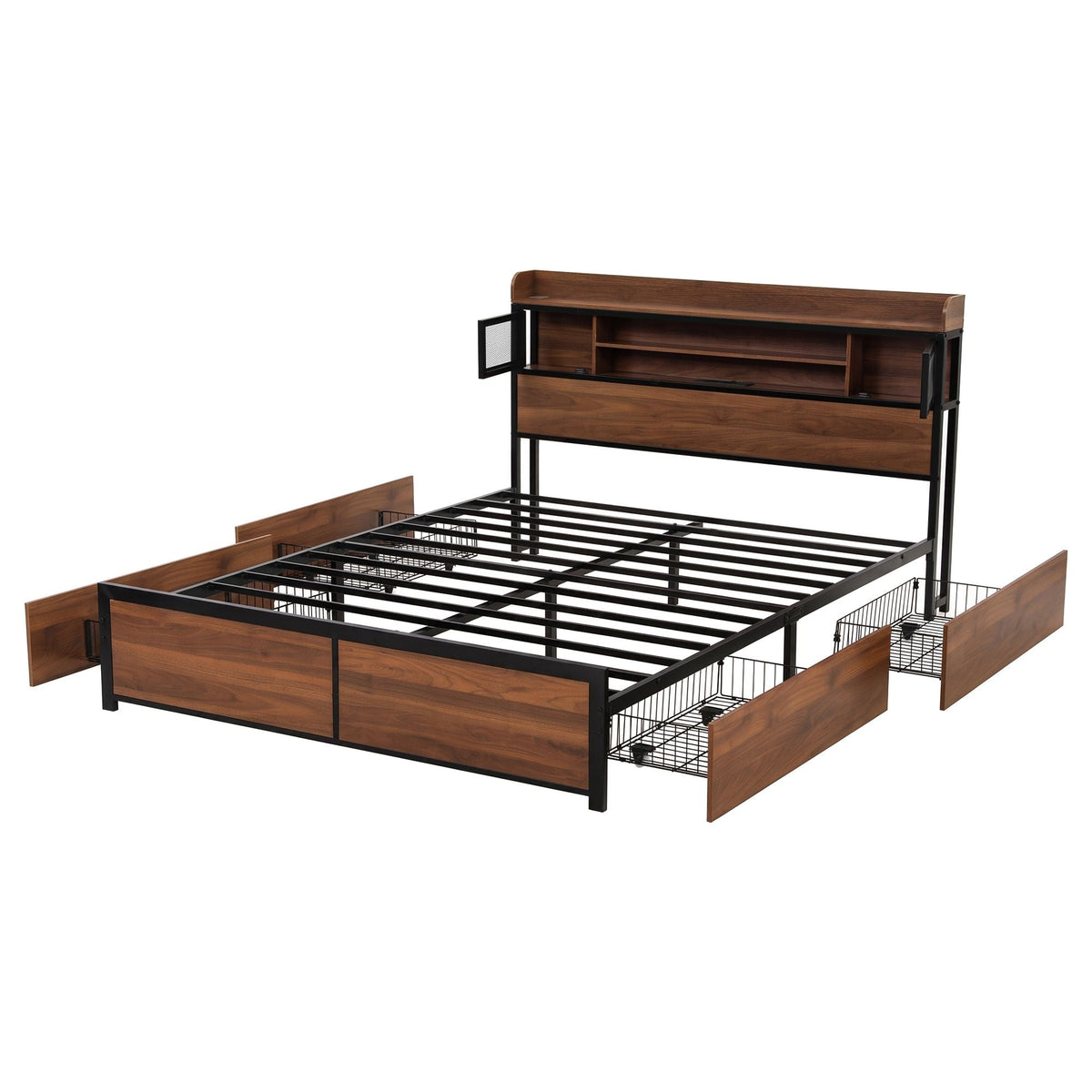 Queen Bed Frame with Charging Station and 4 Drawers Storage - Oak - Furniture > Bedroom > Beds & Bed Frames - Rivercity House & Home Co. (ABN 18 642 972 209) - Affordable Modern Furniture Australia