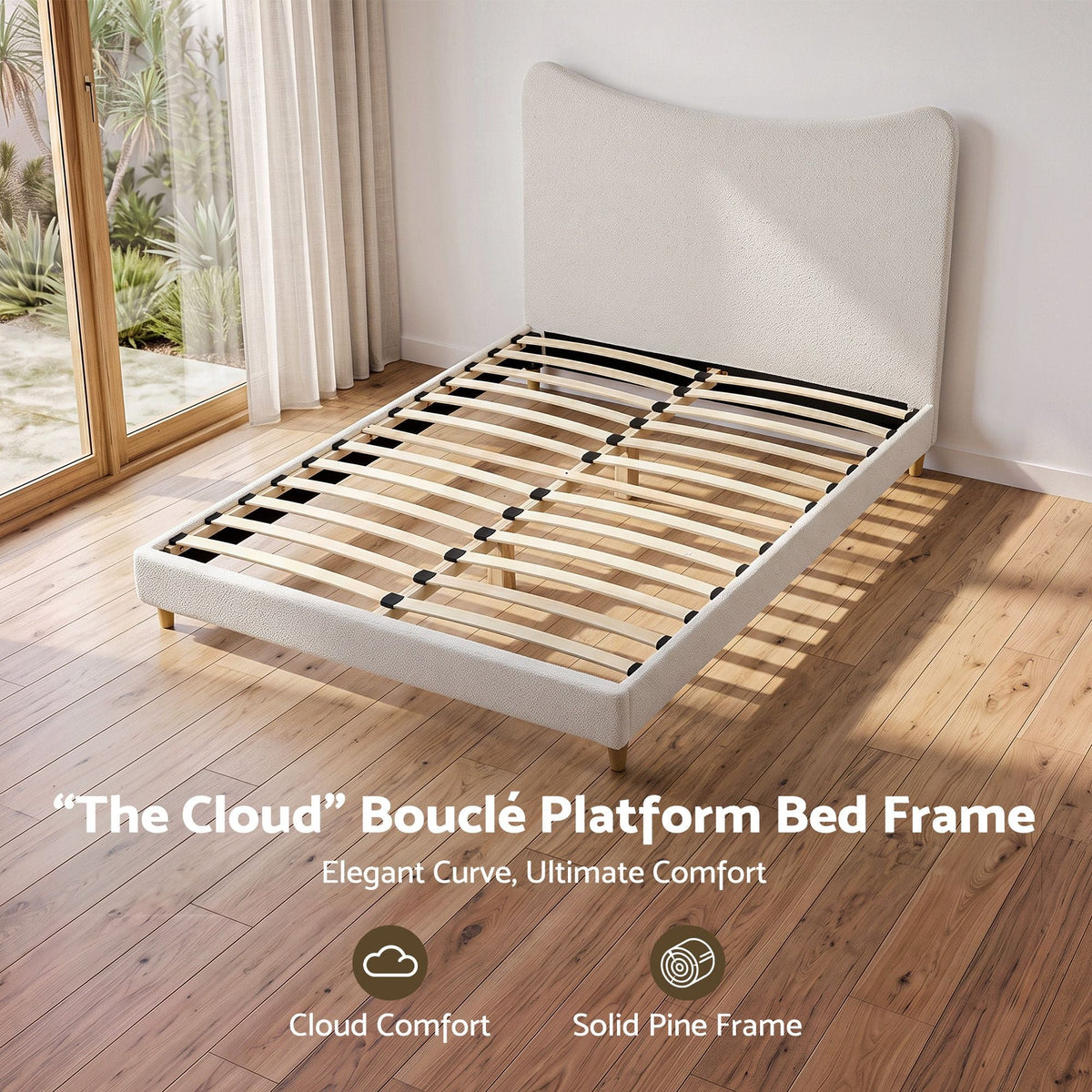 Queen Bed Frame with Curved Boucle Headboard, 300kg Capacity - Beige - Furniture > Bedroom > Beds & Bed Frames - Rivercity House & Home Co. (ABN 18 642 972 209) - Affordable Modern Furniture Australia