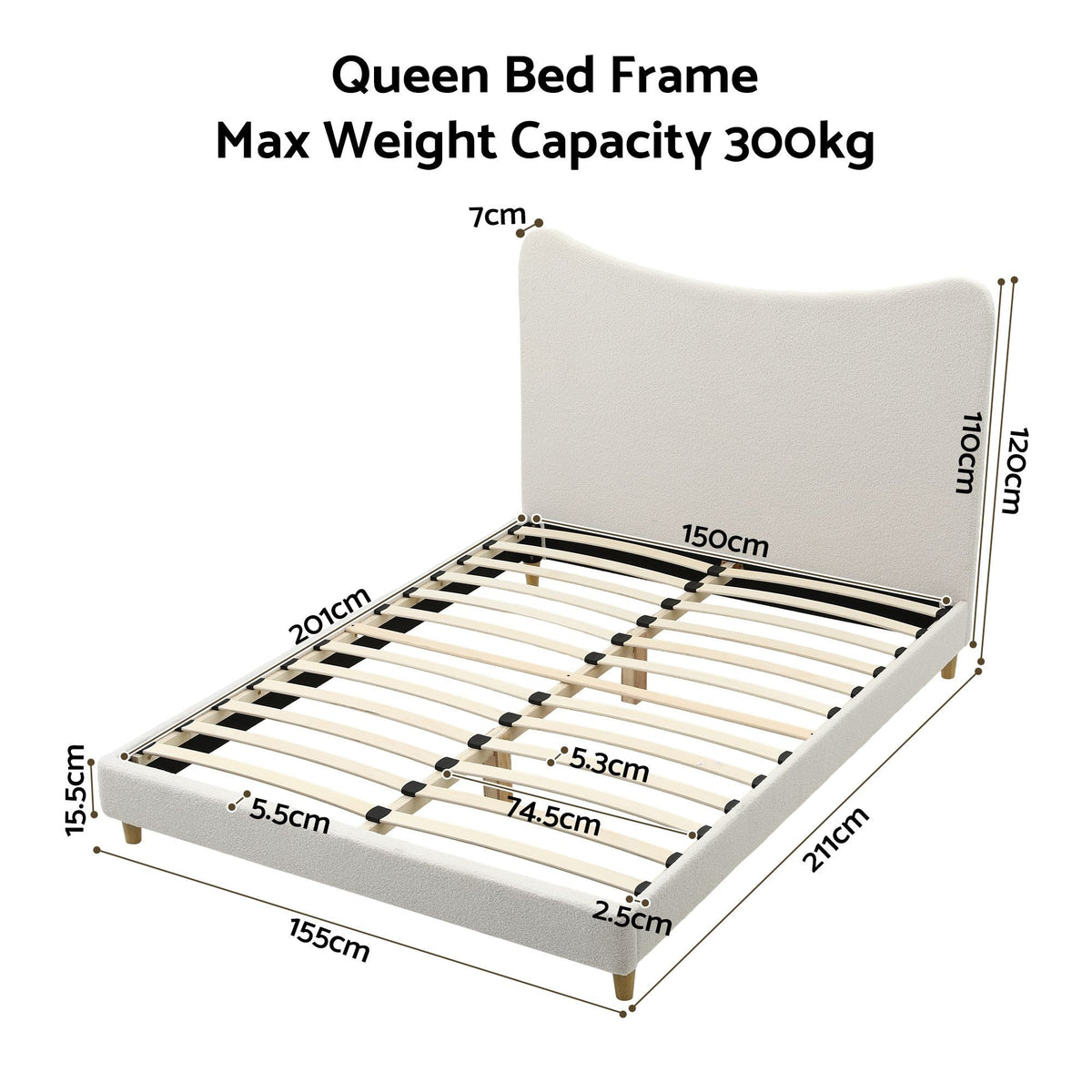 Queen Bed Frame with Curved Boucle Headboard, 300kg Capacity - Beige - Furniture > Bedroom > Beds & Bed Frames - Rivercity House & Home Co. (ABN 18 642 972 209) - Affordable Modern Furniture Australia