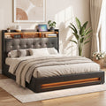 Queen Bed Frame with Gas Lift Storage, LED Lights & Charging Station Headboard with Open Shelf - PU Leather