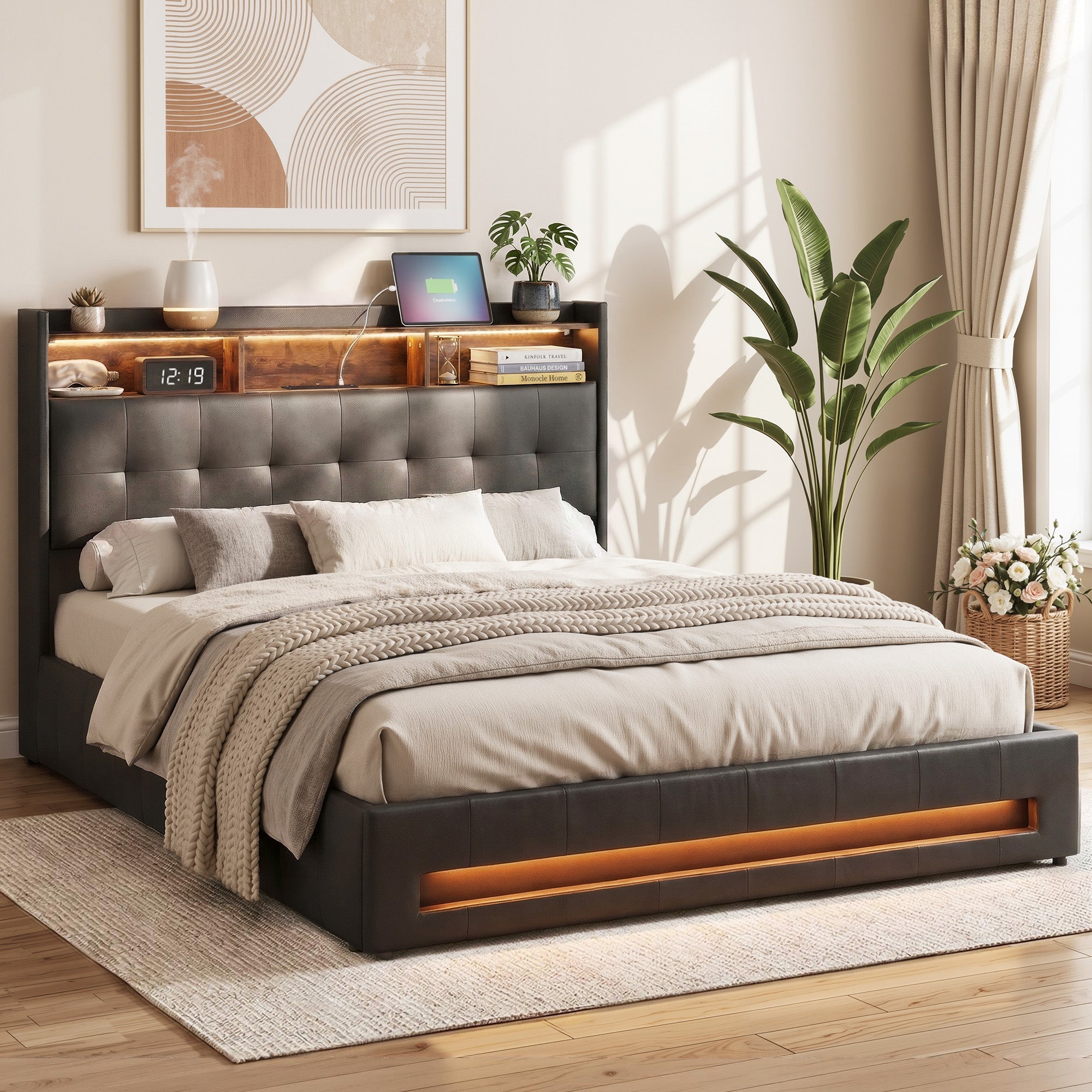 Queen Bed Frame with Gas Lift Storage LED Lights Charging Station Headboard with Open Shelf - Furniture > Bedroom > Beds & Bed Frames - Rivercity House & Home Co. (ABN 18 642 972 209) - Affordable Modern Furniture Australia