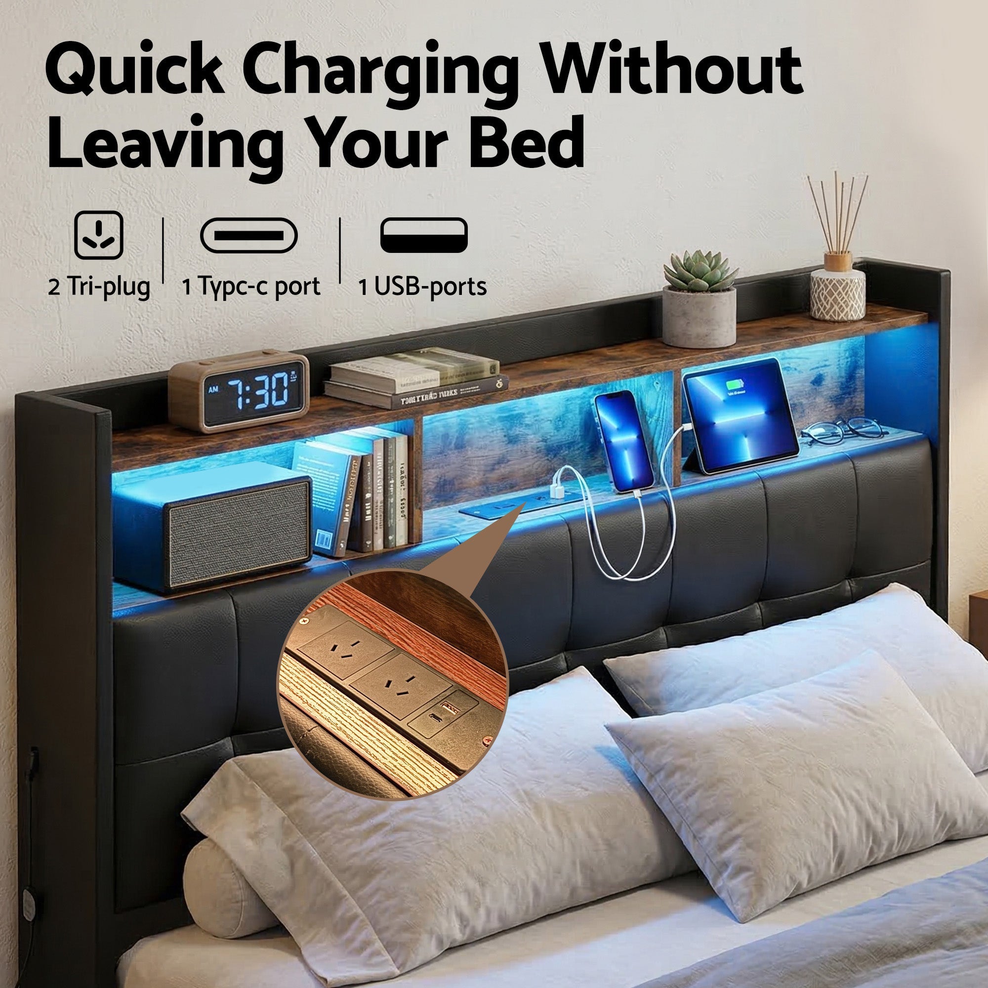 Queen Bed Frame with Gas Lift Storage LED Lights Charging Station Headboard with Open Shelf - Furniture > Bedroom > Beds & Bed Frames - Rivercity House & Home Co. (ABN 18 642 972 209) - Affordable Modern Furniture Australia