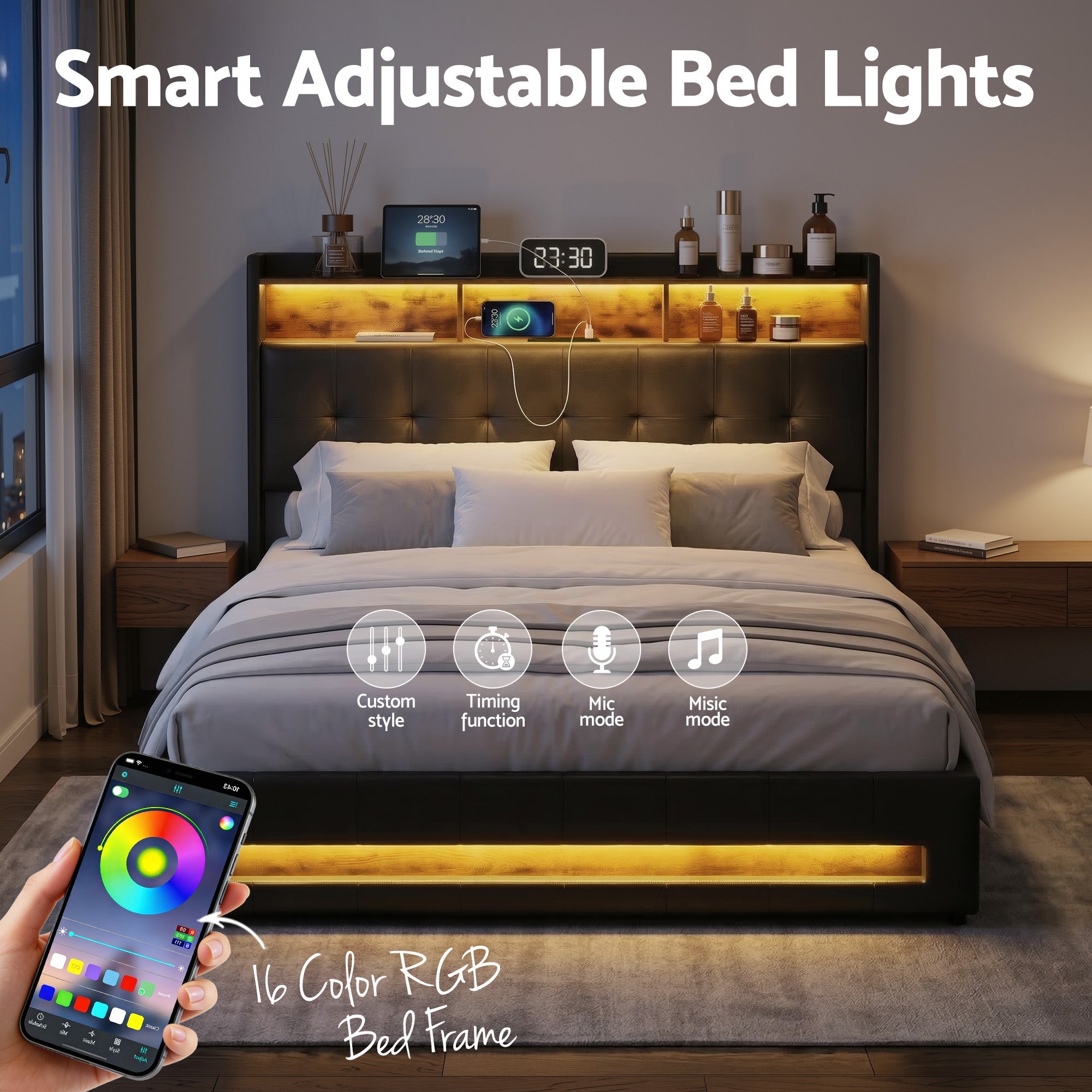 Queen Bed Frame with Gas Lift Storage LED Lights Charging Station Headboard with Open Shelf - Furniture > Bedroom > Beds & Bed Frames - Rivercity House & Home Co. (ABN 18 642 972 209) - Affordable Modern Furniture Australia